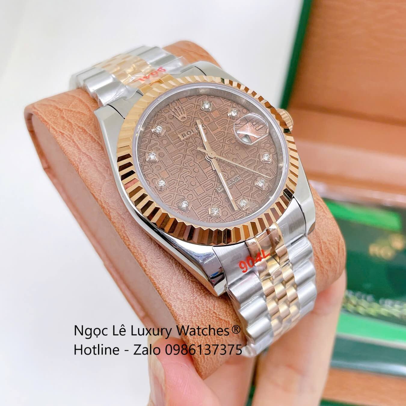 Đồng Hồ Rolex Datejust Nam Máy Pin Dây Demi Rose Mặt Nâu Vi Tính Niềng Khía Size 36mm