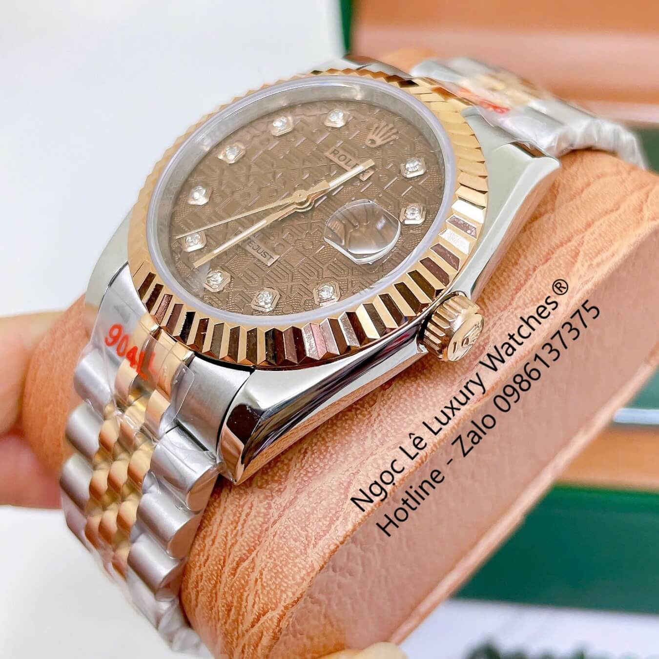 Đồng Hồ Rolex Datejust Nam Máy Pin Dây Demi Rose Mặt Nâu Vi Tính Niềng Khía Size 36mm