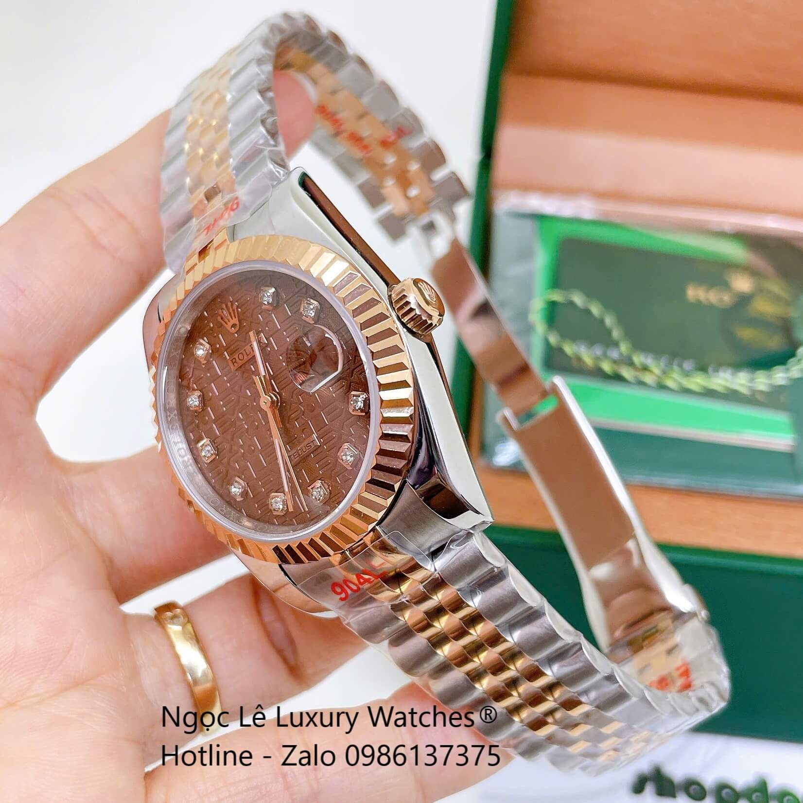 Đồng Hồ Rolex Datejust Nam Máy Pin Dây Demi Rose Mặt Nâu Vi Tính Niềng Khía Size 36mm