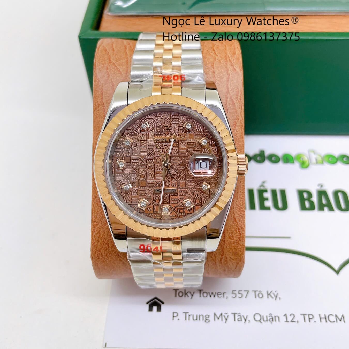 Đồng Hồ Rolex Datejust Nam Máy Pin Dây Demi Rose Mặt Nâu Vi Tính Niềng Khía Size 36mm