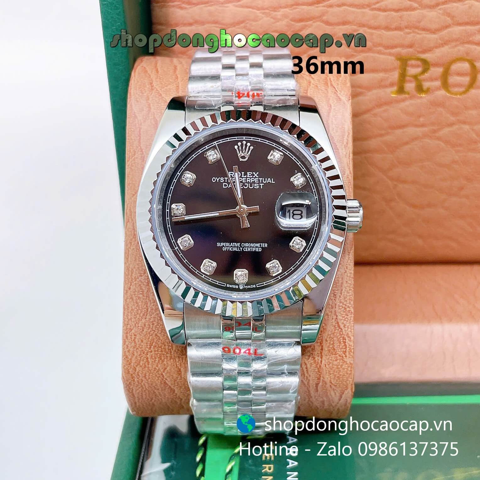 Đồng Hồ Rolex Datejust Nam Máy Pin Dây Kim Loại Bạc Mặt Đen Size 36mm (Unisex)