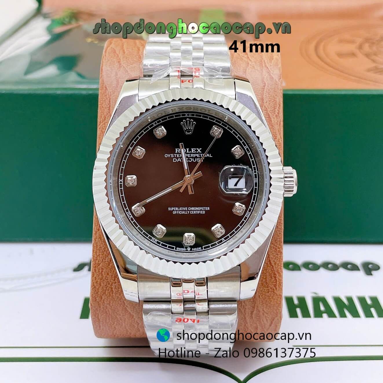 Đồng Hồ Rolex Datejust Nam Máy Pin Dây Kim Loại Bạc Mặt Đen Size 41mm