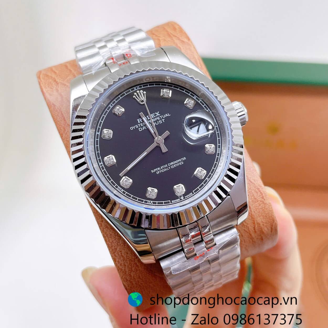 Đồng Hồ Cặp Rolex Datejust Máy Pin Dây Bạc Mặt Đen Niềng Khía Size 41mm - 31mm
