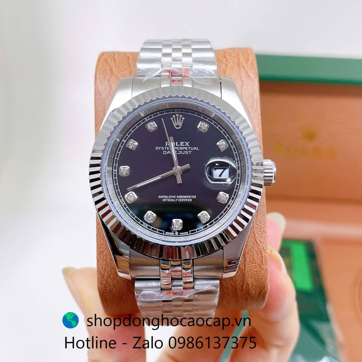 Đồng Hồ Rolex Datejust Nam Máy Pin Dây Kim Loại Bạc Mặt Đen Size 41mm