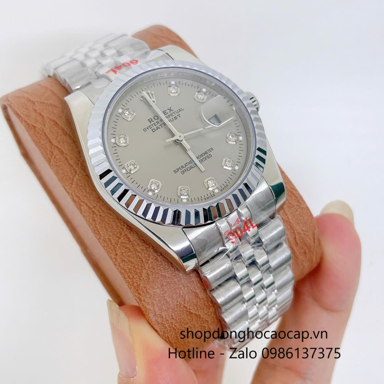 Đồng Hồ Rolex Datejust Nam Máy Pin Dây Kim Loại Bạc Mặt Xám Cùng Tone Size 36mm