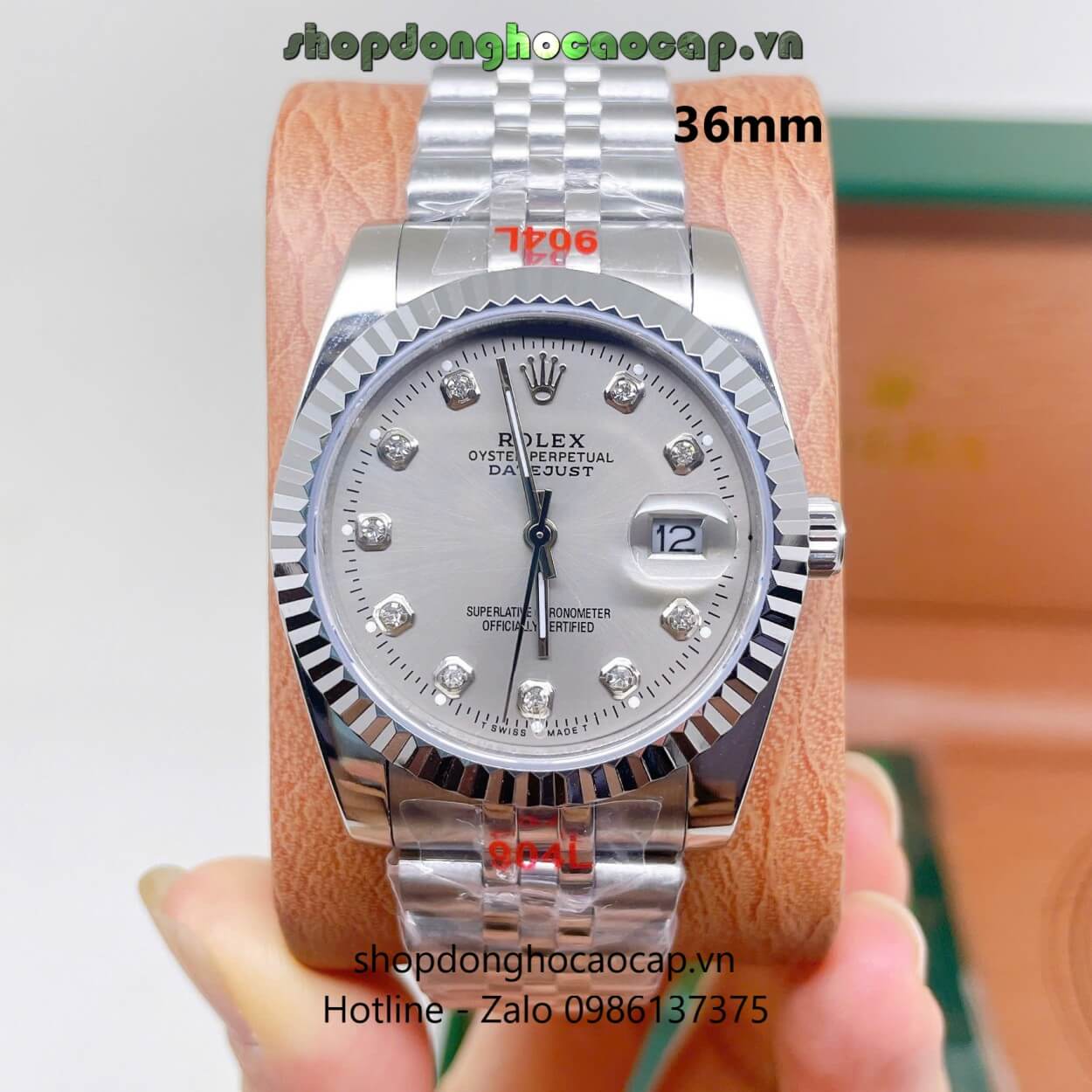 Đồng Hồ Cặp Rolex Datejust Máy Pin Dây Bạc Mặt Xám Niềng Khía Size 36mm - 28mm
