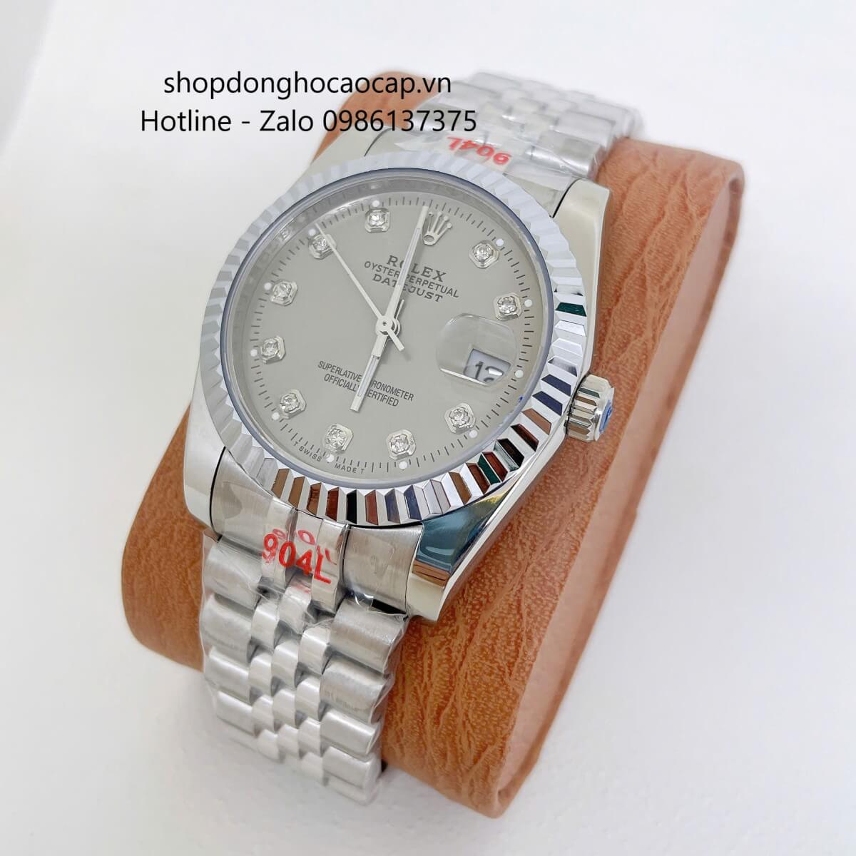 Đồng Hồ Rolex Datejust Nam Máy Pin Dây Kim Loại Bạc Mặt Xám Cùng Tone Size 36mm
