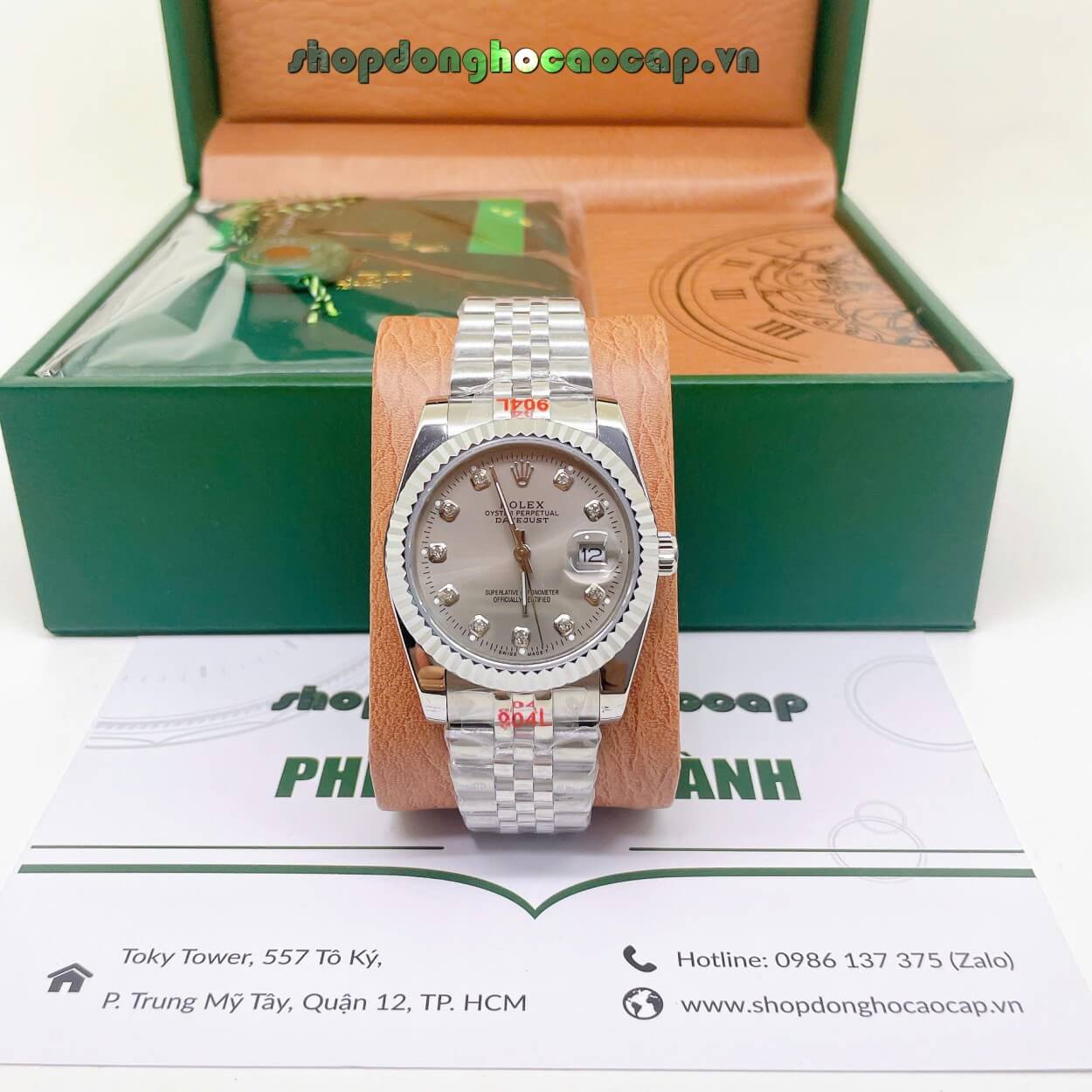 Đồng Hồ Rolex Datejust Nam Máy Pin Dây Kim Loại Bạc Mặt Xám Cùng Tone Size 36mm