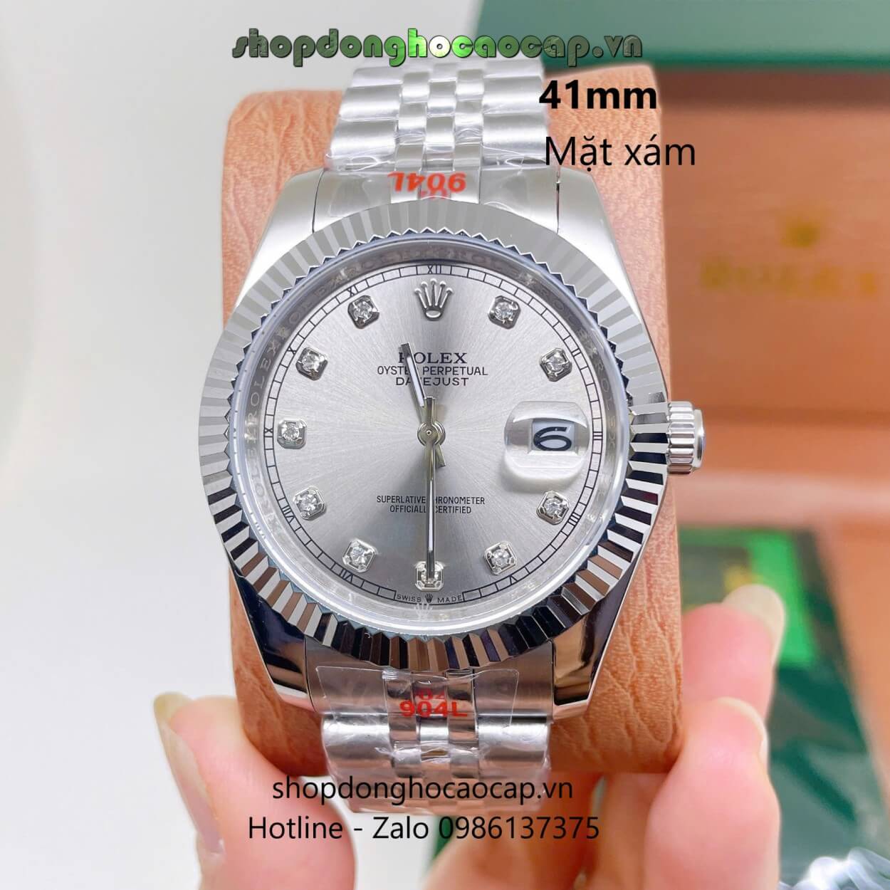 Đồng Hồ Rolex Datejust Nam Máy Pin Dây Kim Loại Bạc Mặt Xám Cùng Tone Size 41mm