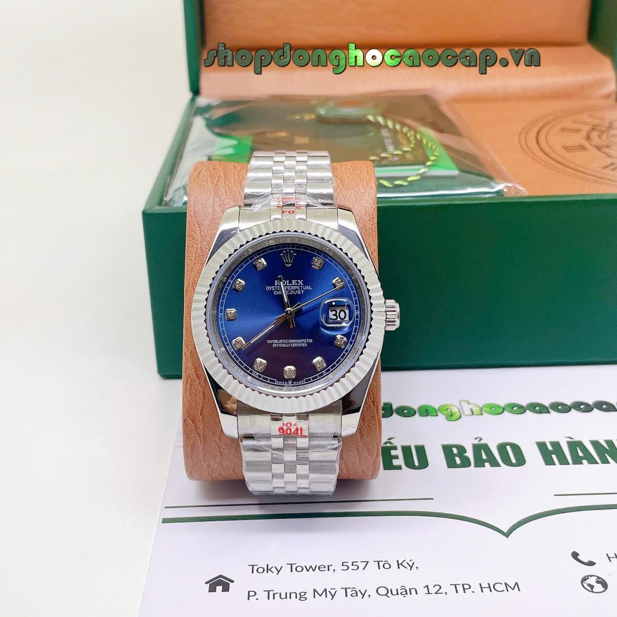 Đồng Hồ Rolex Datejust Nam Máy Pin Dây Kim Loại Bạc Mặt Xanh Dương Size 41mm