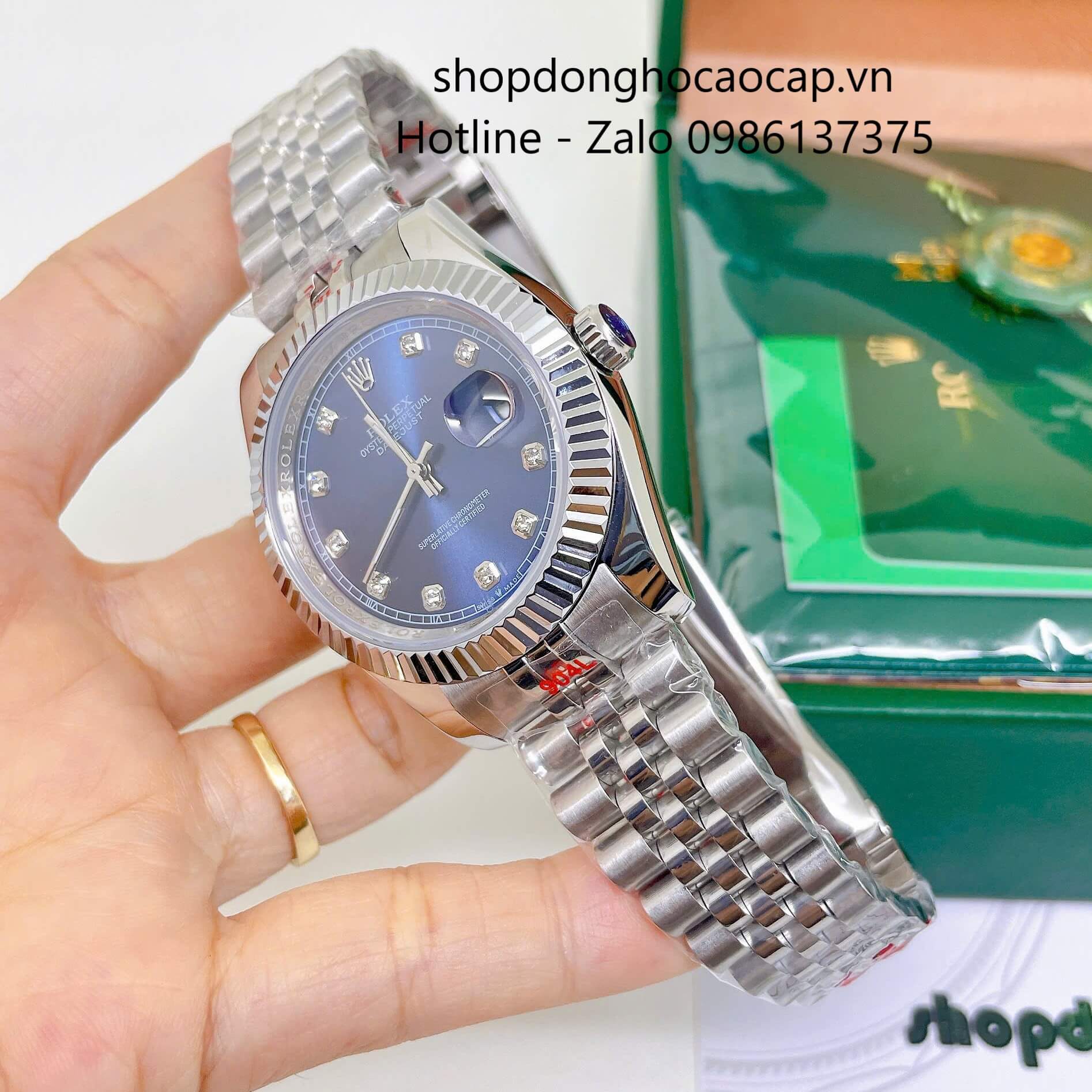 Đồng Hồ Rolex Datejust Nam Máy Pin Dây Kim Loại Bạc Mặt Xanh Dương Size 41mm