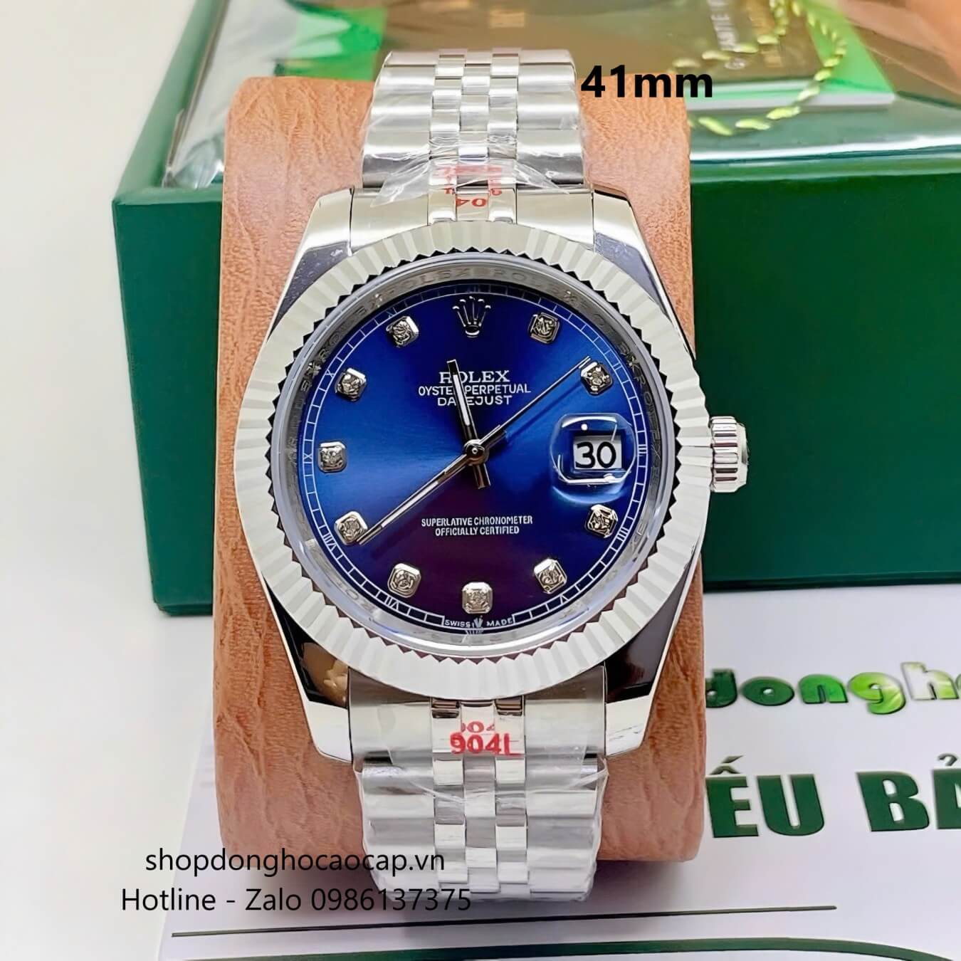 Đồng Hồ Rolex Datejust Nam Máy Pin Dây Kim Loại Bạc Mặt Xanh Dương Size 41mm