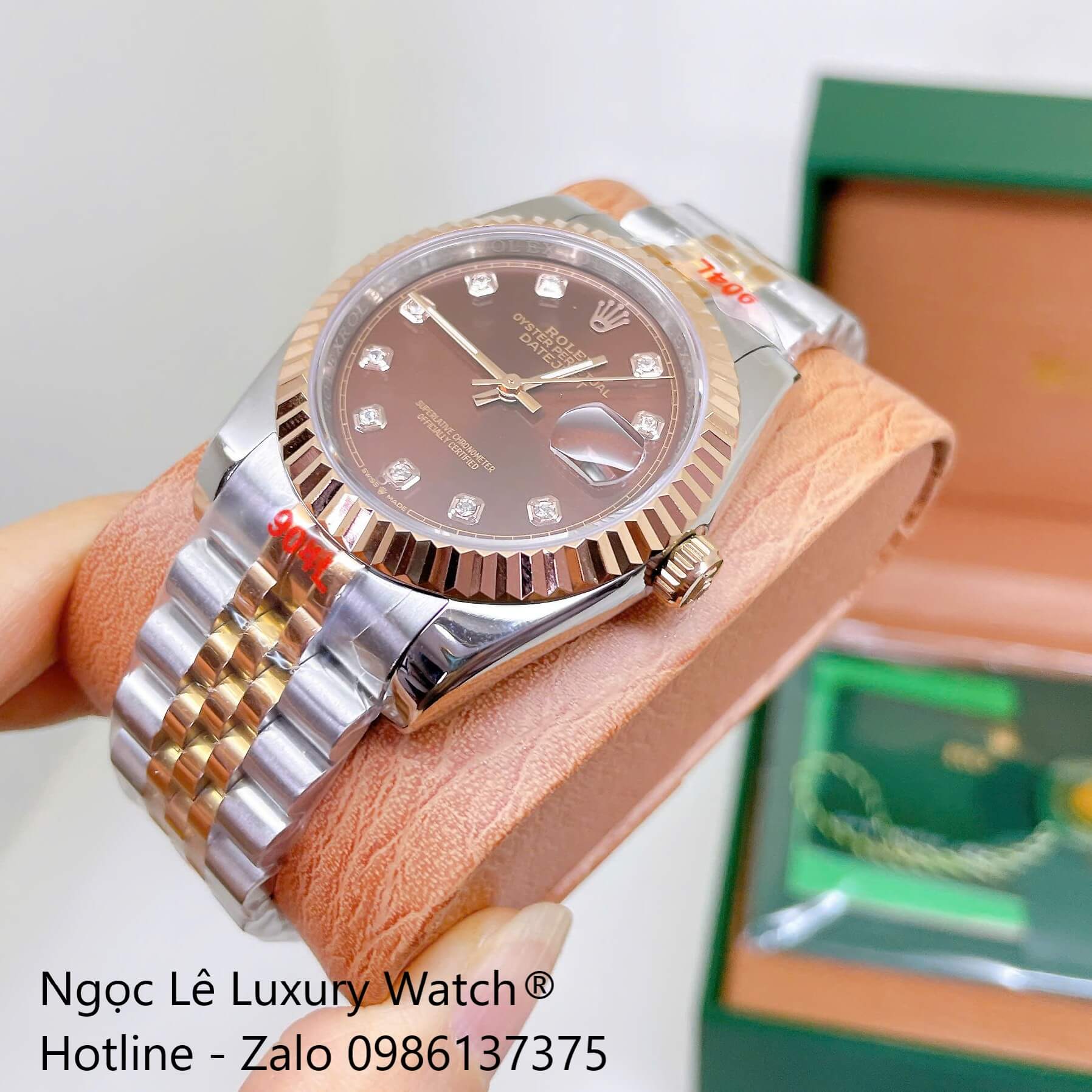 Đồng Hồ Rolex Datejust Nam Máy Pin Dây Kim Loại Demi Rose Mặt Nâu Niềng Khía Size 36mm