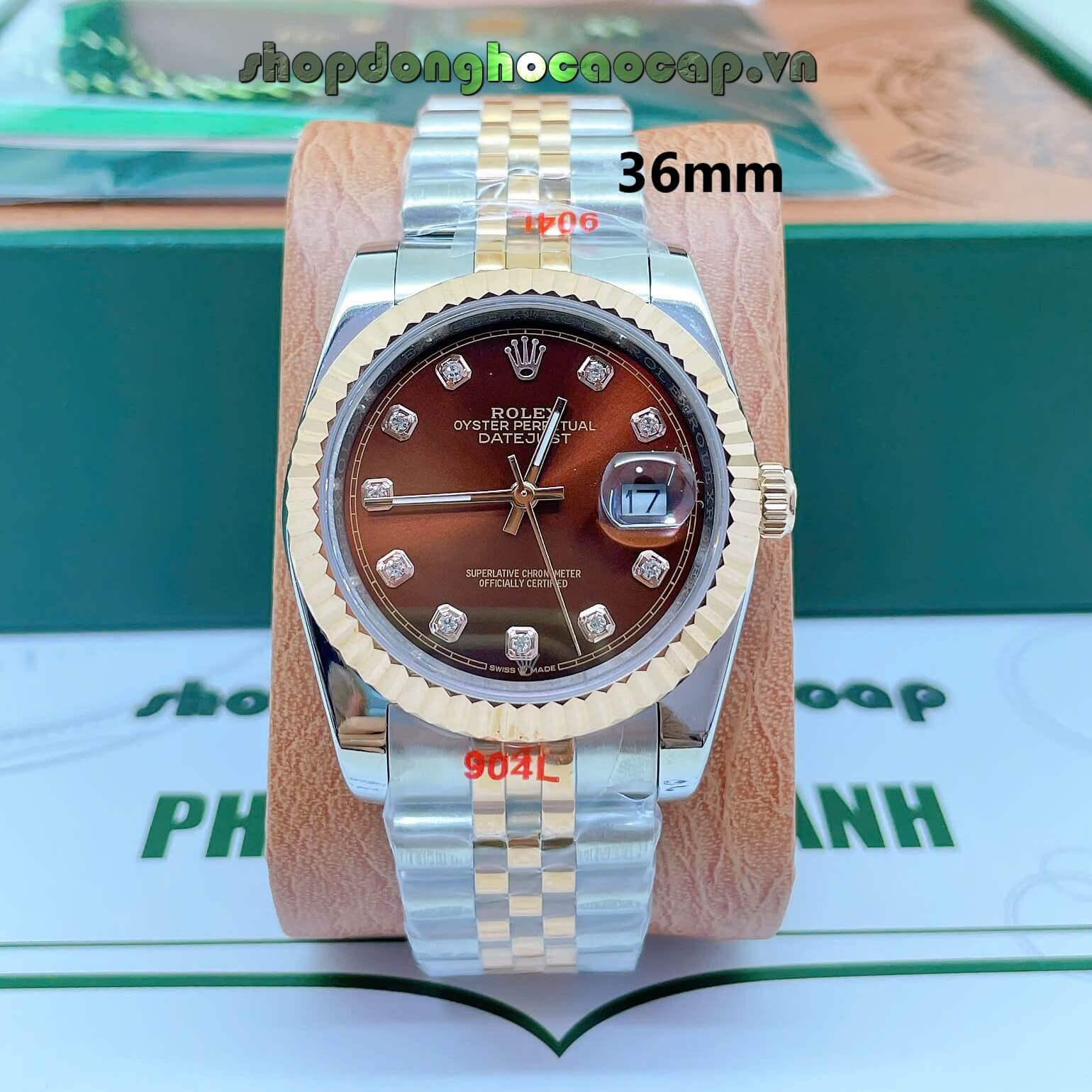 Đồng Hồ Rolex Datejust Nam Máy Pin Dây Kim Loại Demi Rose Mặt Nâu Niềng Khía Size 36mm