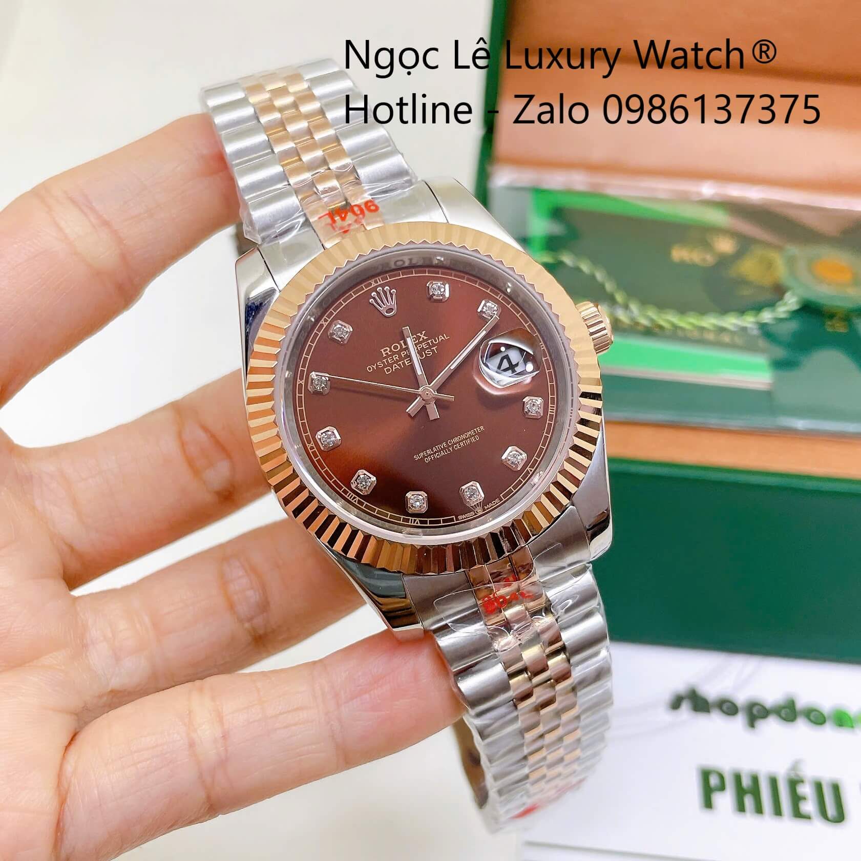 Đồng Hồ Rolex Datejust Nam Máy Pin Dây Kim Loại Demi Rose Mặt Nâu 41mm