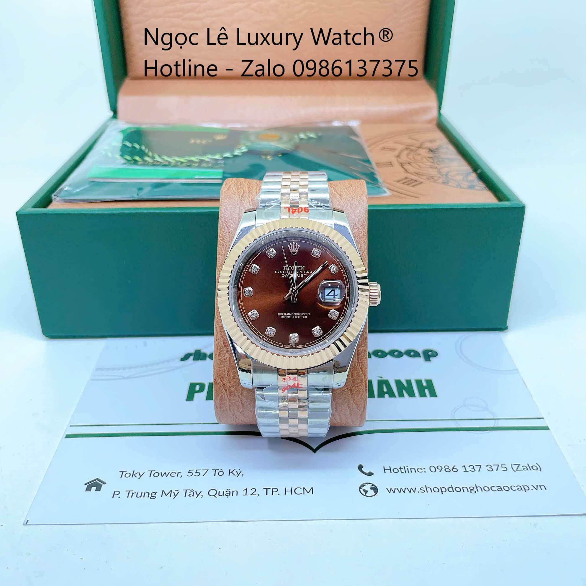 Đồng Hồ Rolex Datejust Nam Máy Pin Dây Kim Loại Demi Rose Mặt Nâu 41mm