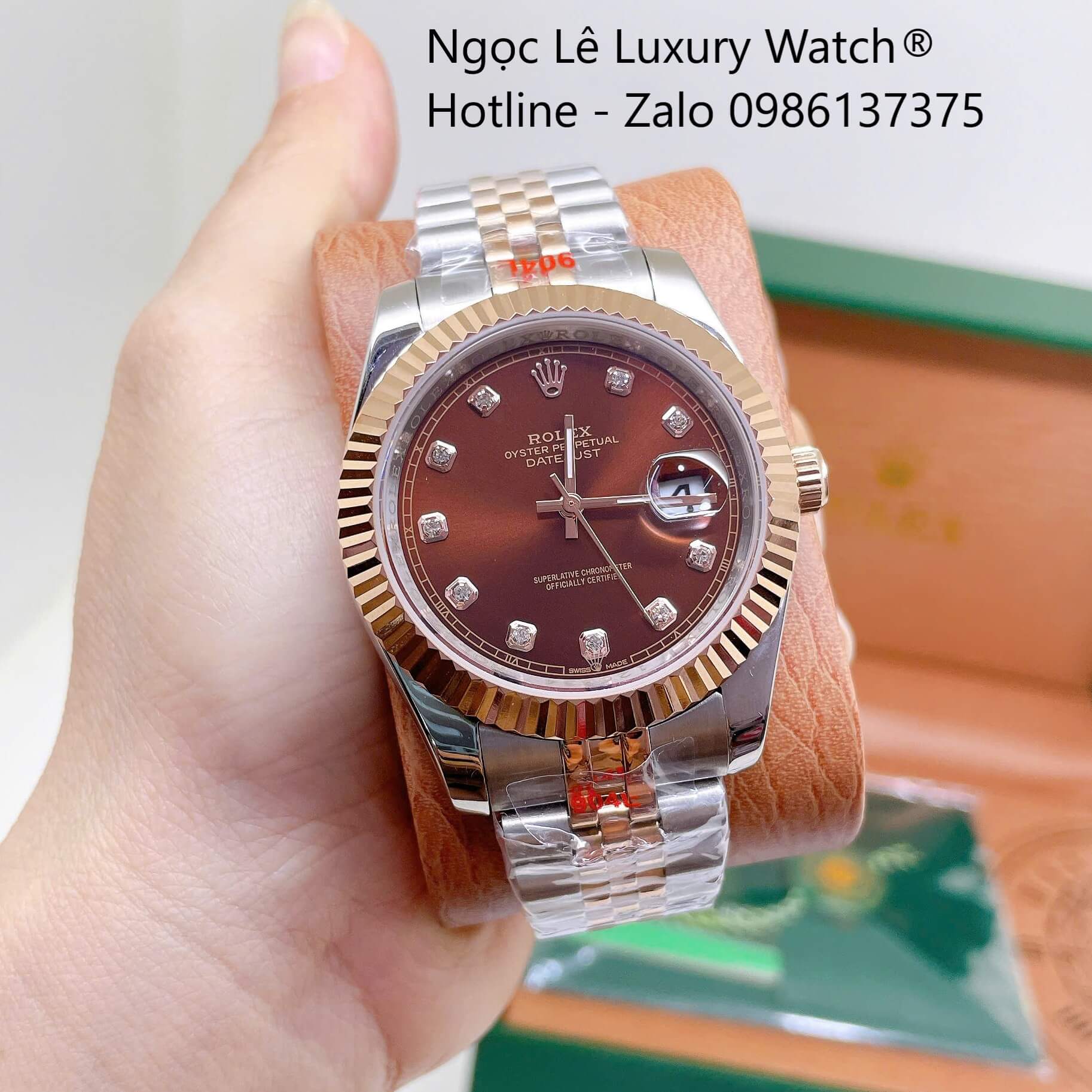 Đồng Hồ Rolex Datejust Nam Máy Pin Dây Kim Loại Demi Rose Mặt Nâu 41mm