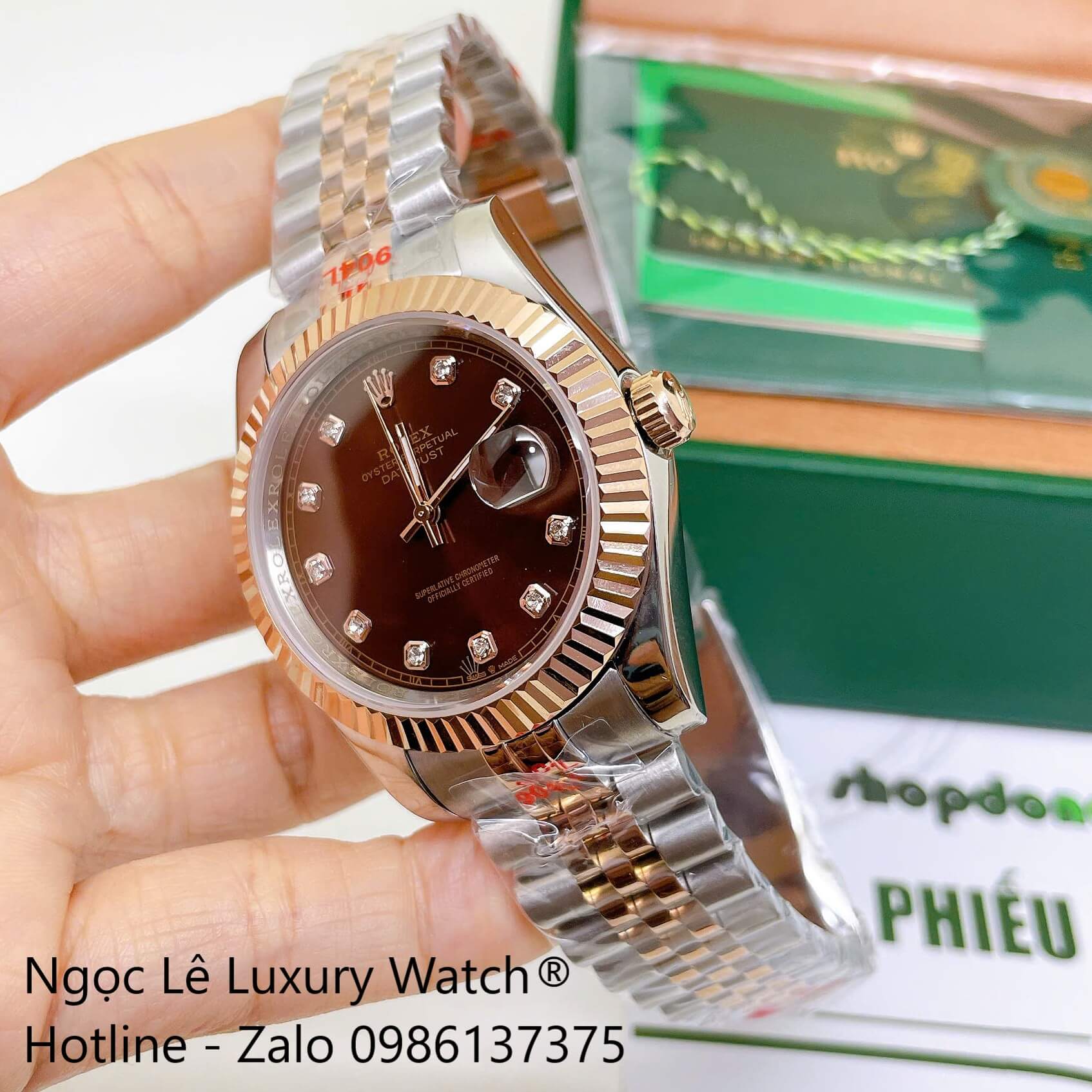Đồng Hồ Rolex Datejust Nam Máy Pin Dây Kim Loại Demi Rose Mặt Nâu 41mm