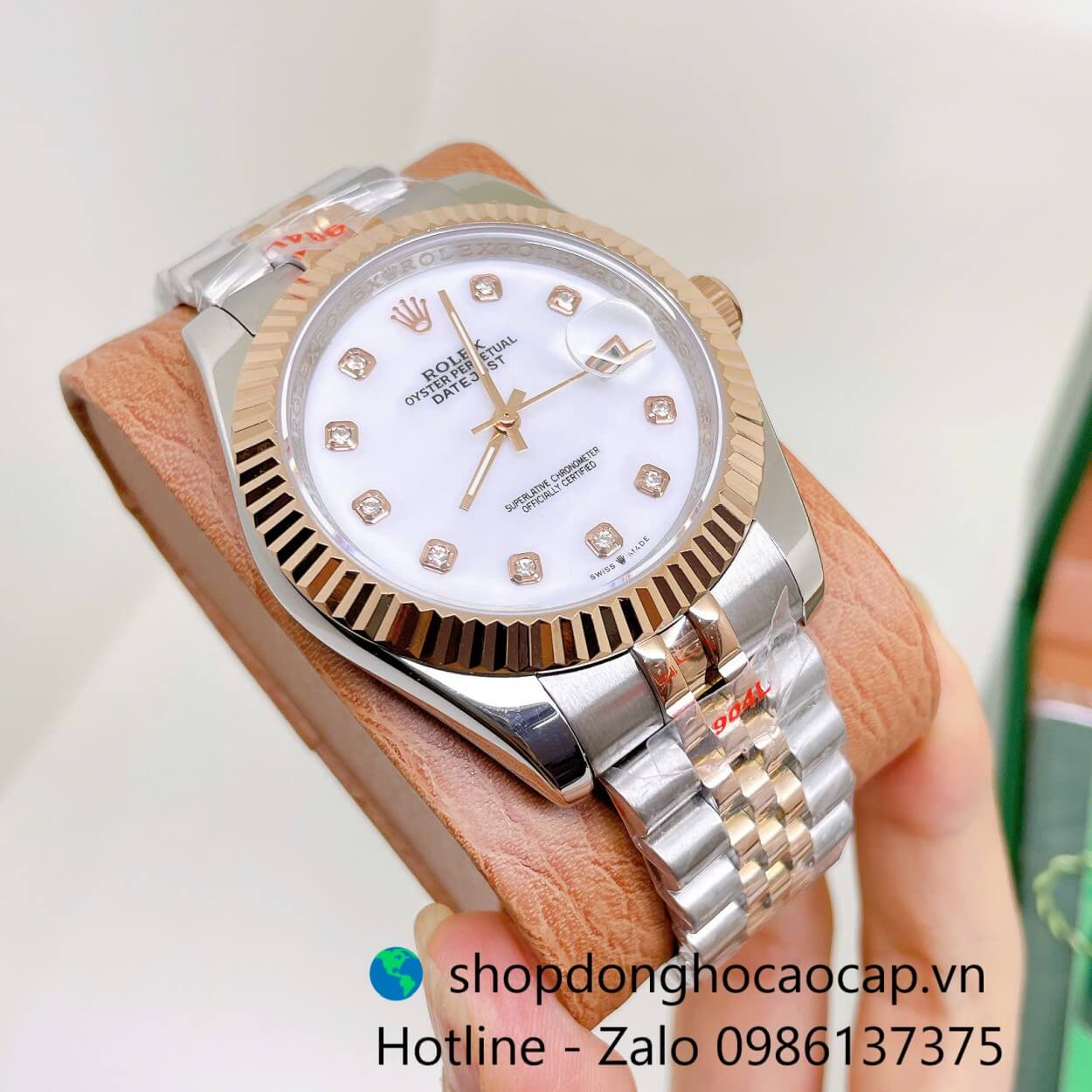 Đồng Hồ Rolex Datejust Nam Máy Pin Dây Kim Loại Demi Rose Mặt Trắng Xà Cừ Size 41mm