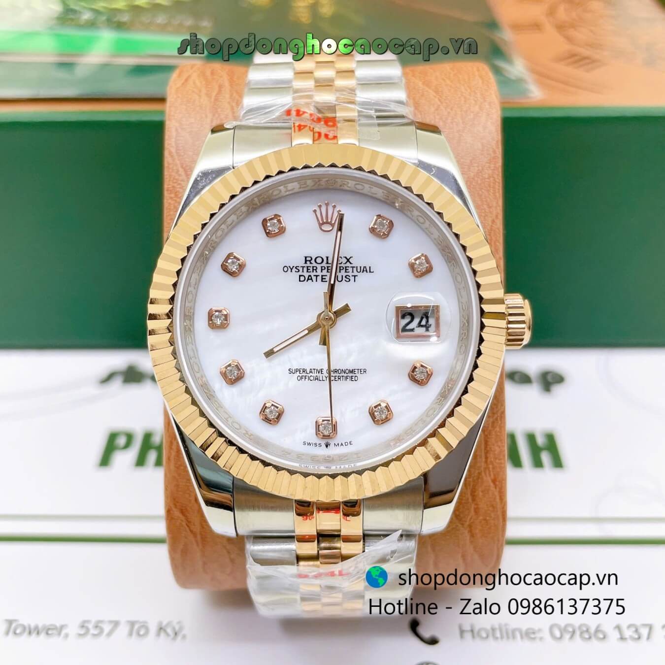 Đồng Hồ Rolex Datejust Nam Máy Pin Dây Kim Loại Demi Rose Mặt Trắng Xà Cừ Size 41mm