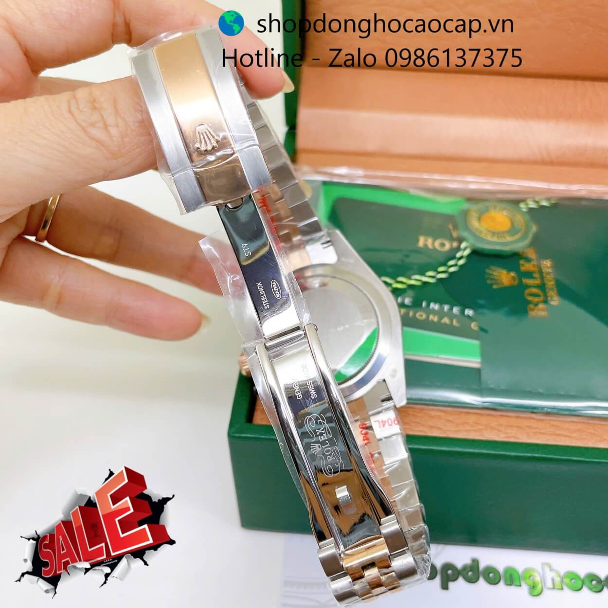 Đồng Hồ Rolex Datejust Nam Máy Pin Dây Kim Loại Demi Rose Mặt Trắng Xà Cừ Size 41mm
