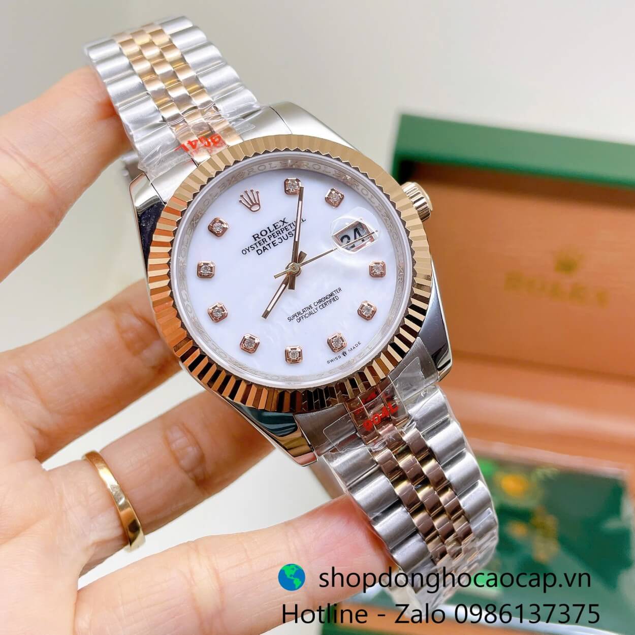 Đồng Hồ Rolex Datejust Nam Máy Pin Dây Kim Loại Demi Rose Mặt Trắng Xà Cừ Size 41mm