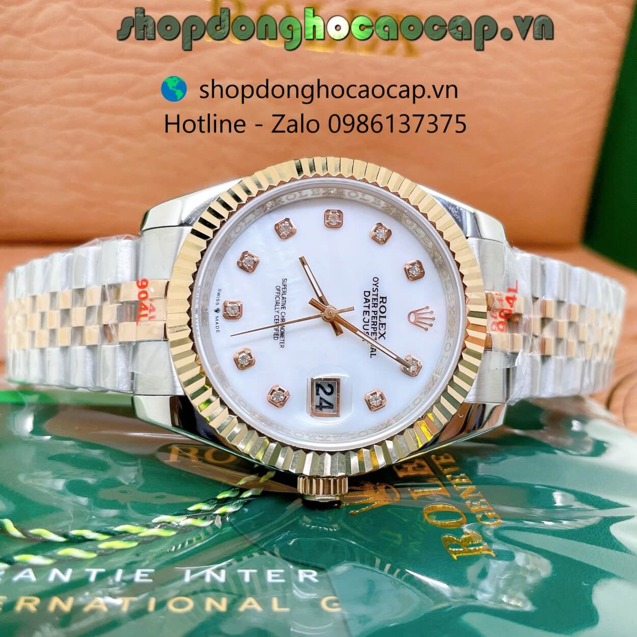 Đồng Hồ Rolex Datejust Nam Máy Pin Dây Kim Loại Demi Rose Mặt Trắng Xà Cừ Size 41mm