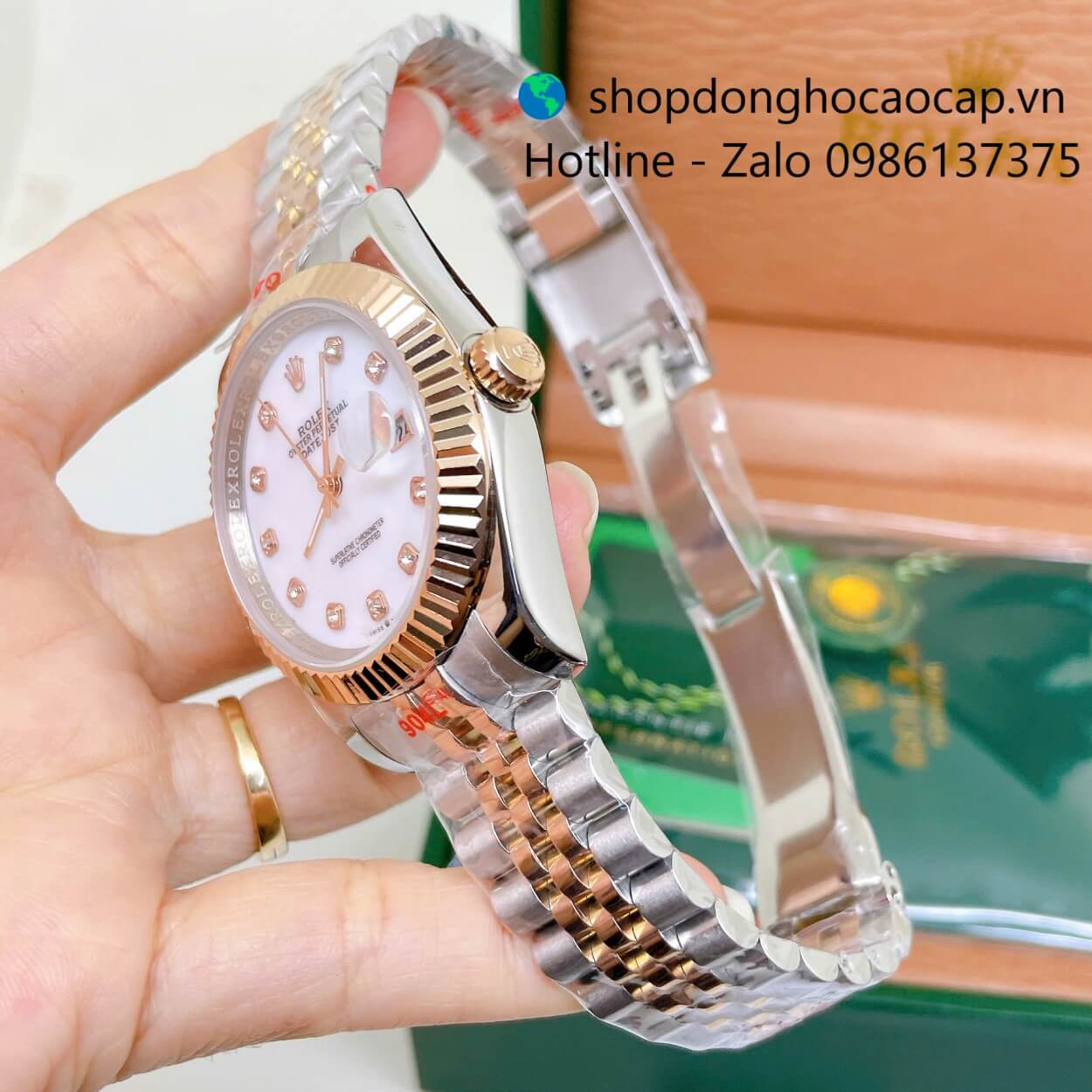 Đồng Hồ Rolex Datejust Nam Máy Pin Dây Kim Loại Demi Rose Mặt Trắng Xà Cừ Size 41mm