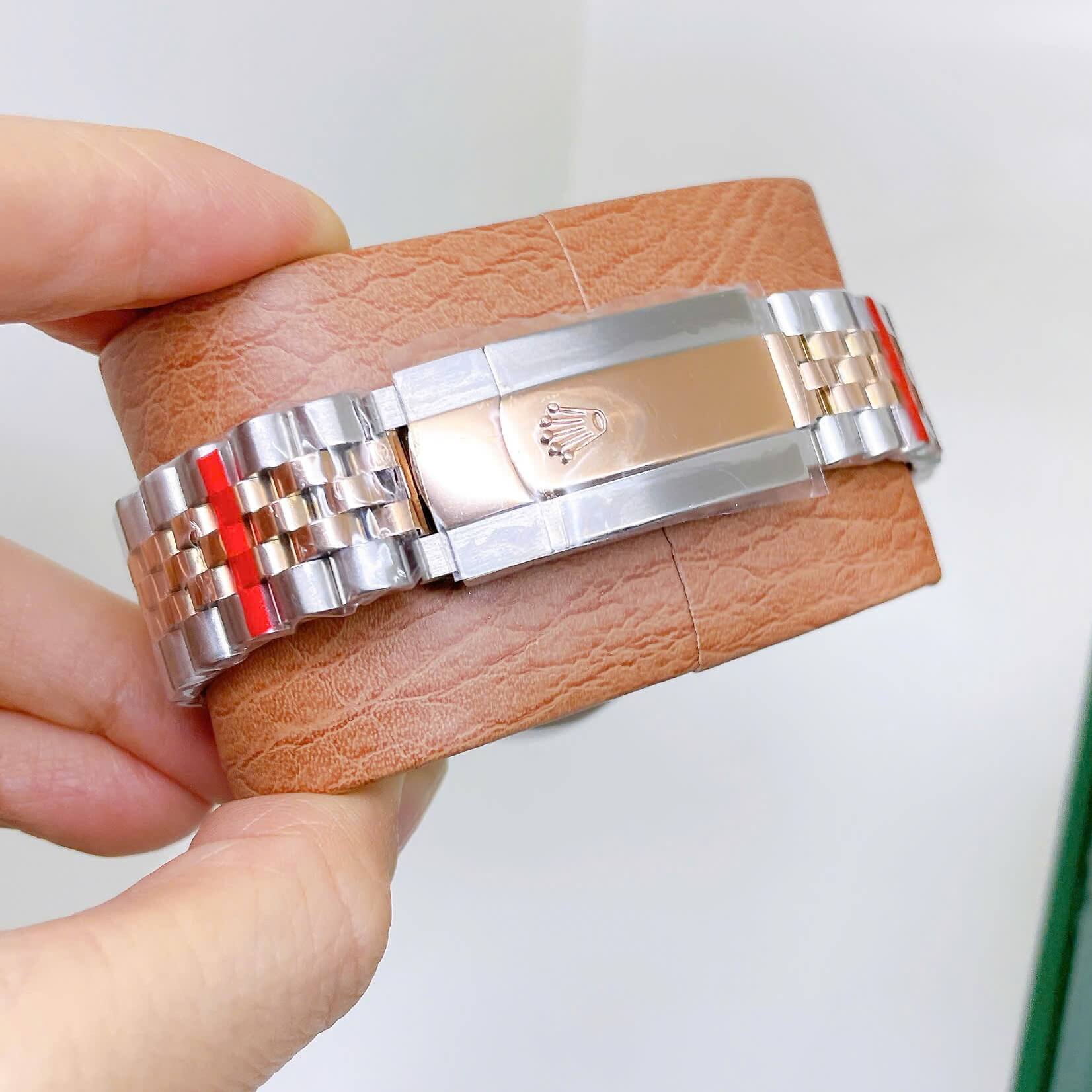 Đồng Hồ Rolex Datejust Nam Máy Pin Dây Kim Loại Demi Rose Mặt Trắng Xà Cừ Size 41mm