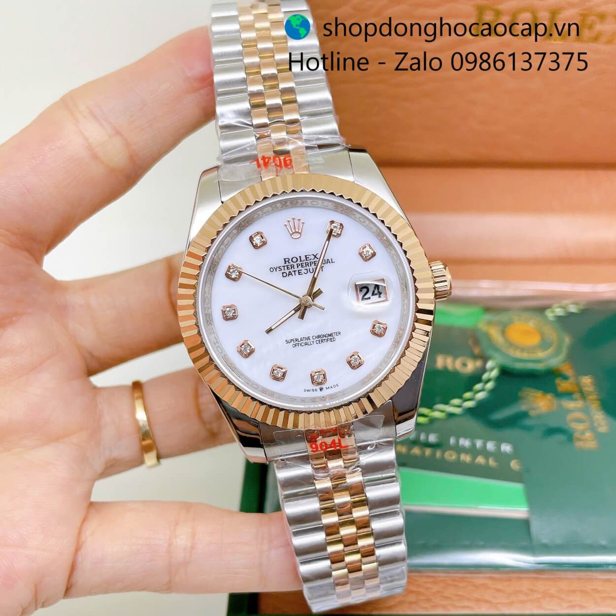 Đồng Hồ Rolex Datejust Nam Máy Pin Dây Kim Loại Demi Rose Mặt Trắng Xà Cừ Size 41mm