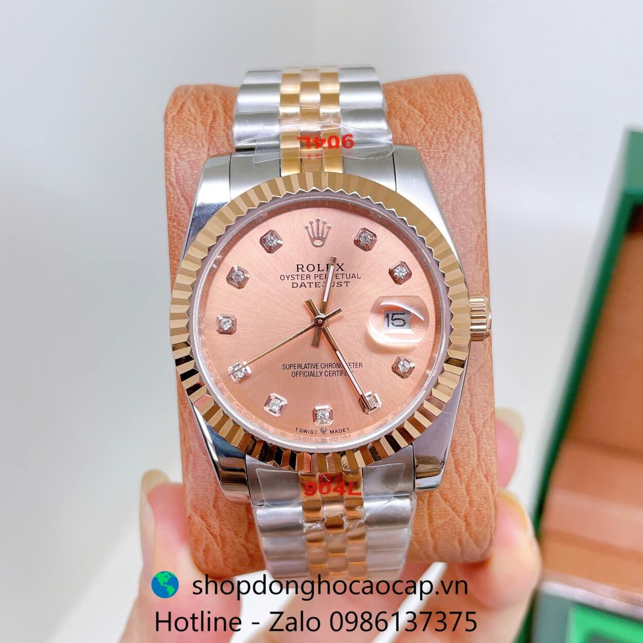 Đồng Hồ Rolex Datejust Nam Máy Pin Dây Kim Loại Demi Rose Niềng Khía Size 36mm