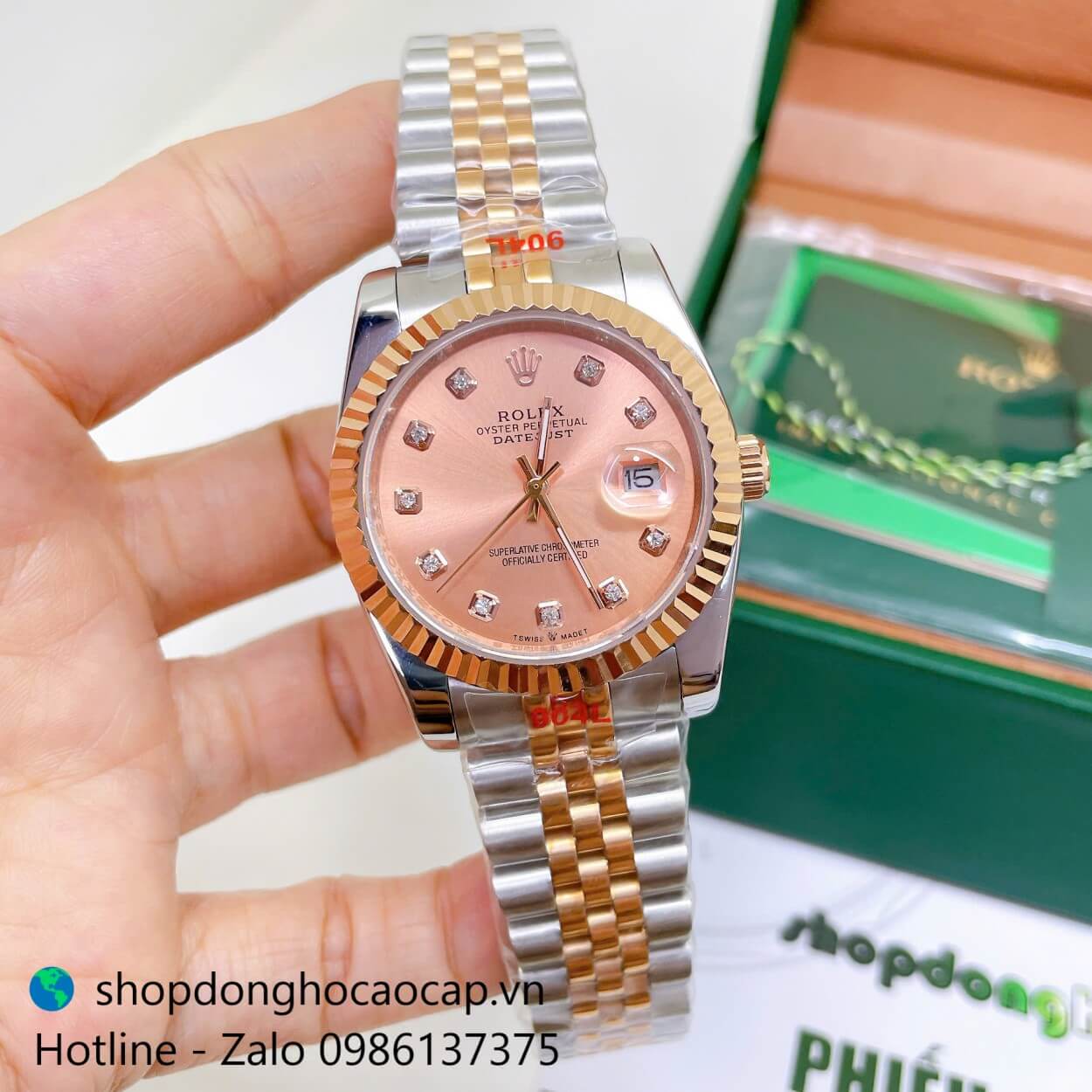 Đồng Hồ Rolex Datejust Nam Máy Pin Dây Kim Loại Demi Rose Niềng Khía Size 36mm