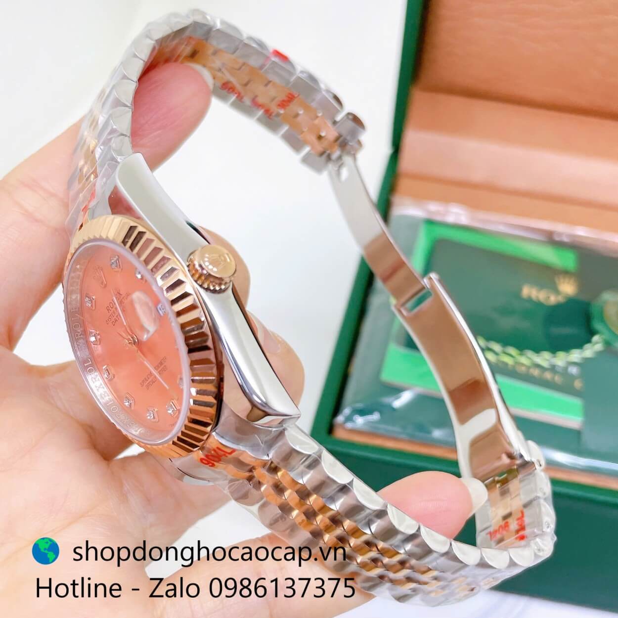 Đồng Hồ Rolex Datejust Nam Máy Pin Dây Kim Loại Demi Rose Niềng Khía Size 36mm