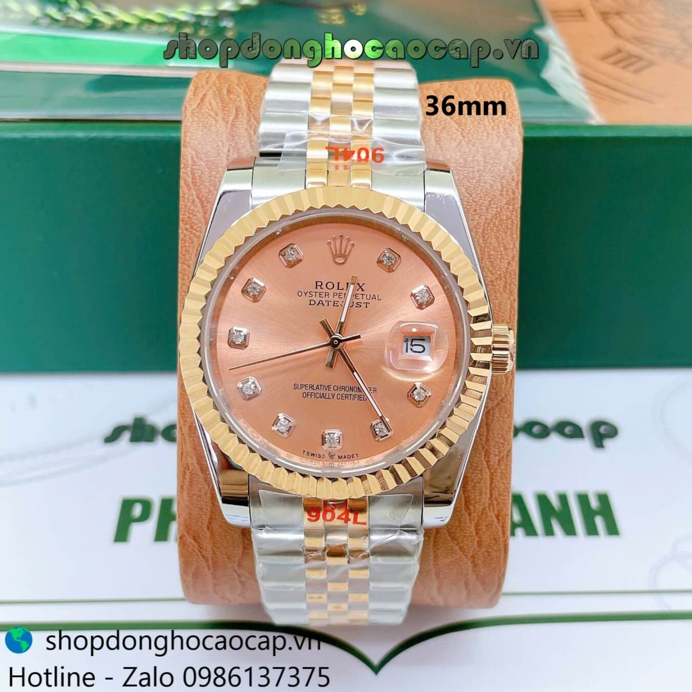 Đồng Hồ Rolex Datejust Nam Máy Pin Dây Kim Loại Demi Rose Niềng Khía Size 36mm