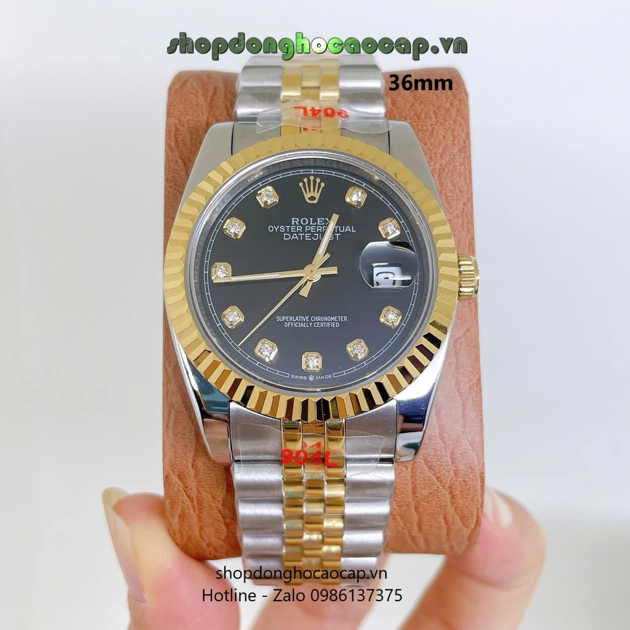 Đồng Hồ Rolex Datejust Nam Máy Pin Dây Kim Loại Demi Vàng Mặt Đen Size 36mm