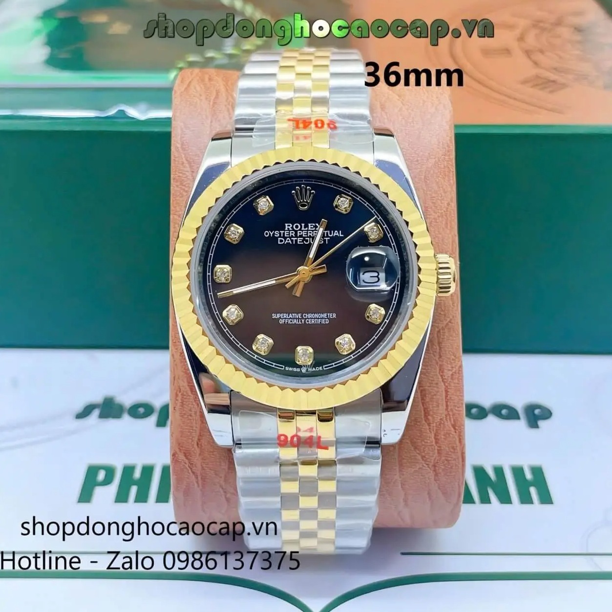 Đồng Hồ Rolex Datejust Nam Máy Pin Dây Kim Loại Demi Vàng Mặt Đen Size 36mm