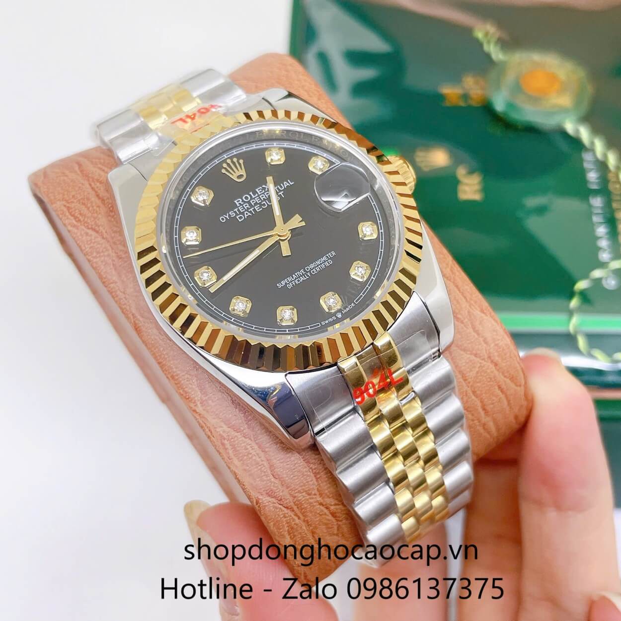 Đồng Hồ Rolex Datejust Nam Máy Pin Dây Kim Loại Demi Vàng Mặt Đen Size 36mm