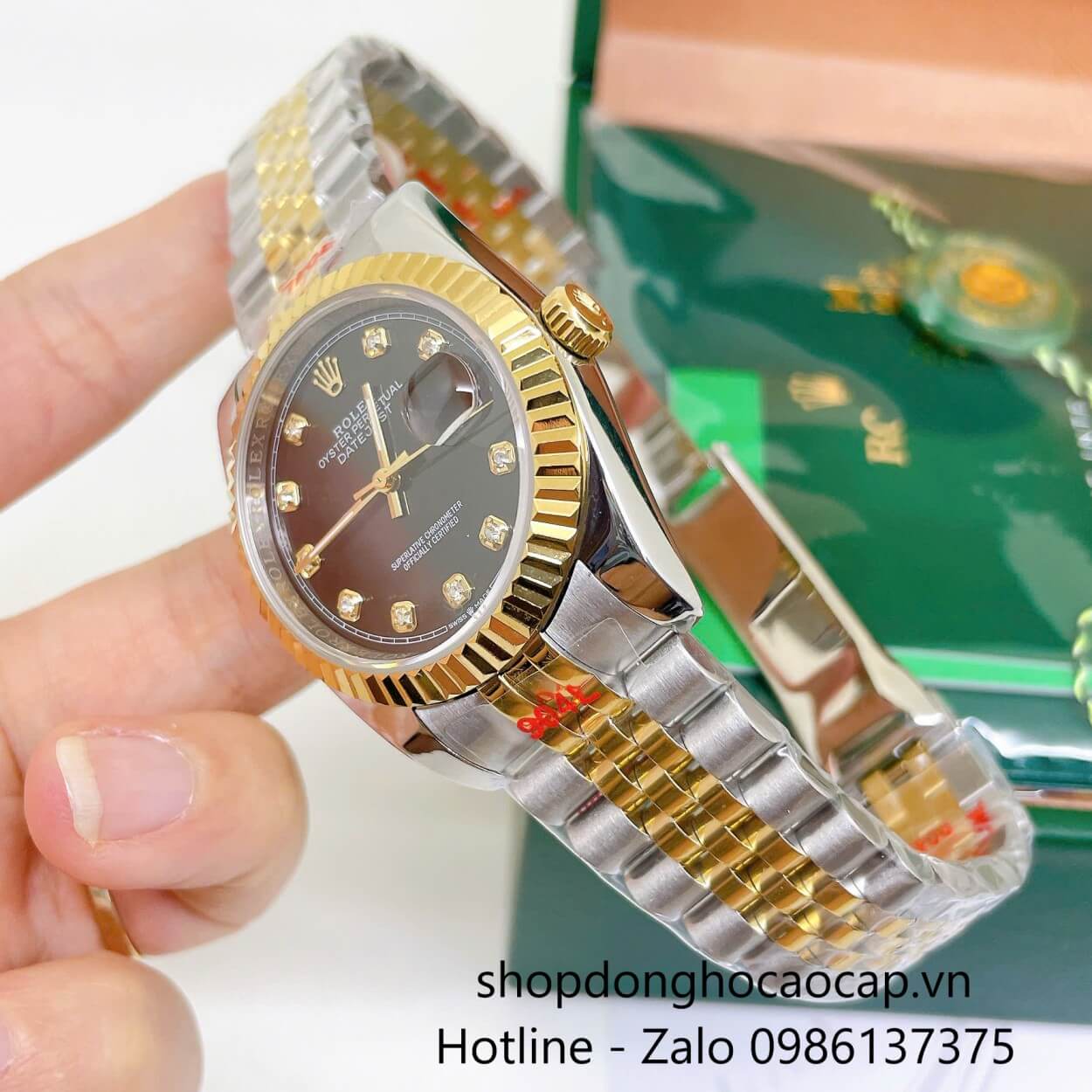 Đồng Hồ Rolex Datejust Nam Máy Pin Dây Kim Loại Demi Vàng Mặt Đen Size 36mm