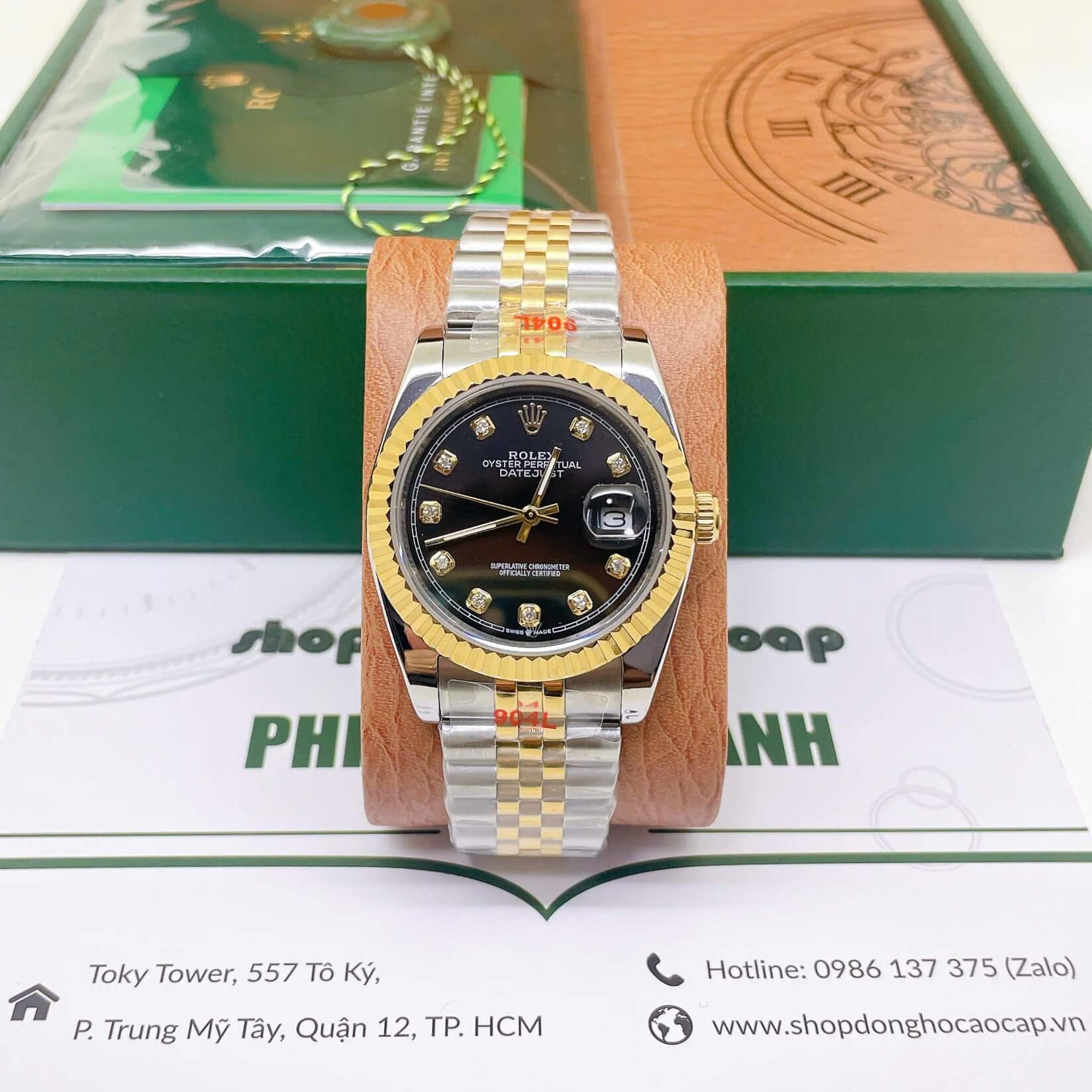 Đồng Hồ Rolex Datejust Nam Máy Pin Dây Kim Loại Demi Vàng Mặt Đen Size 36mm