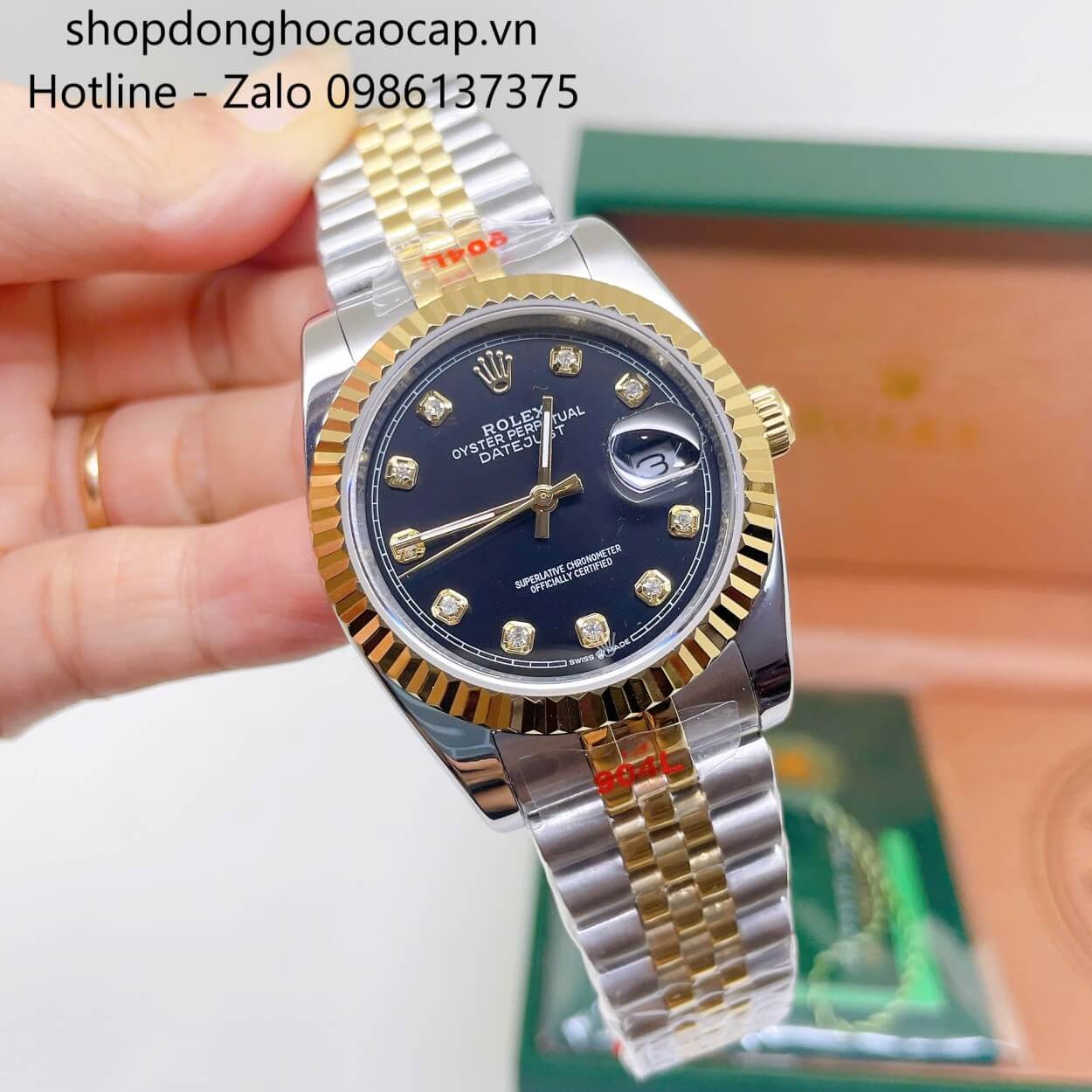 Đồng Hồ Rolex Datejust Nam Máy Pin Dây Kim Loại Demi Vàng Mặt Đen Size 36mm