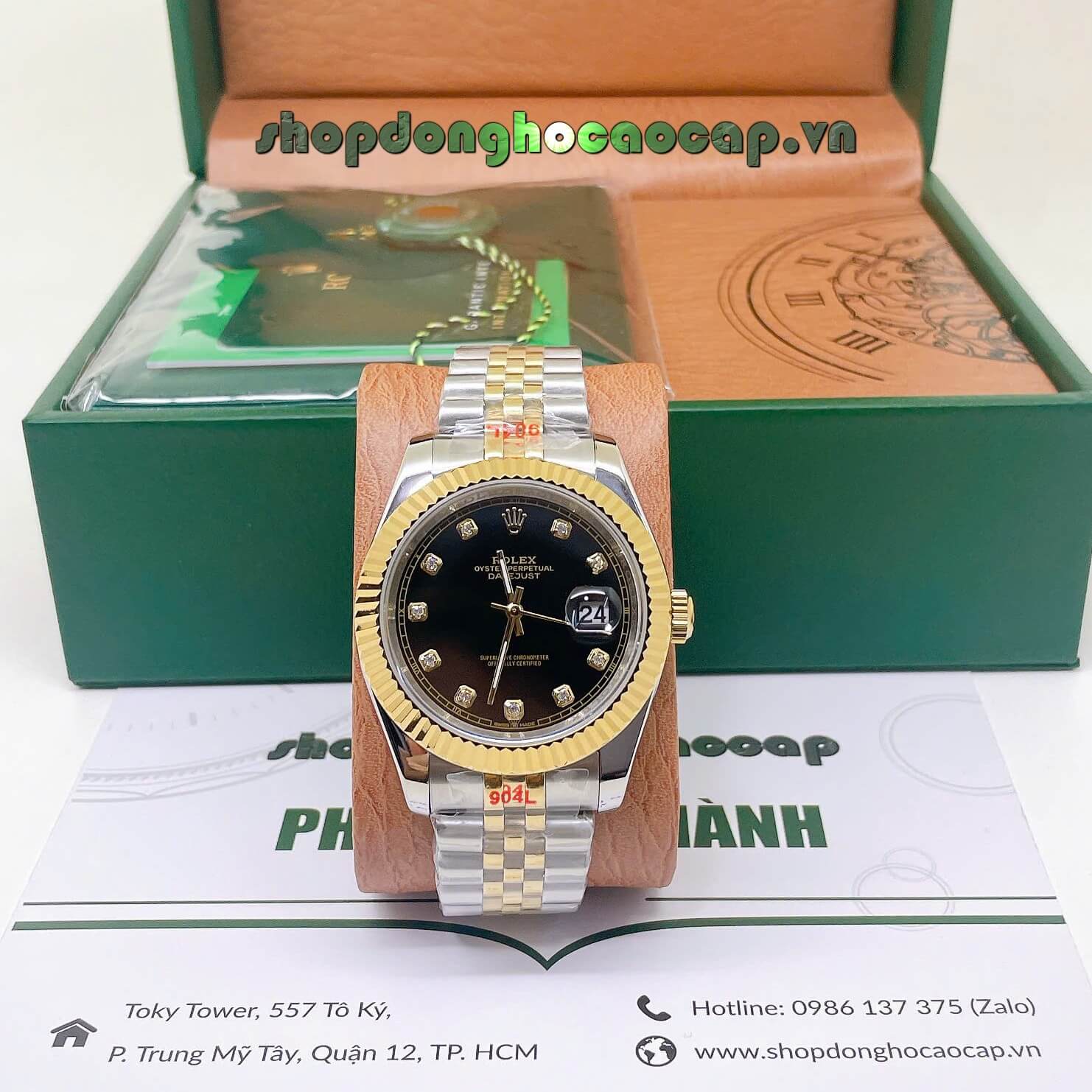 Đồng Hồ Rolex Datejust Nam Máy Pin Dây Kim Loại Demi Vàng Mặt Đen Size 41mm