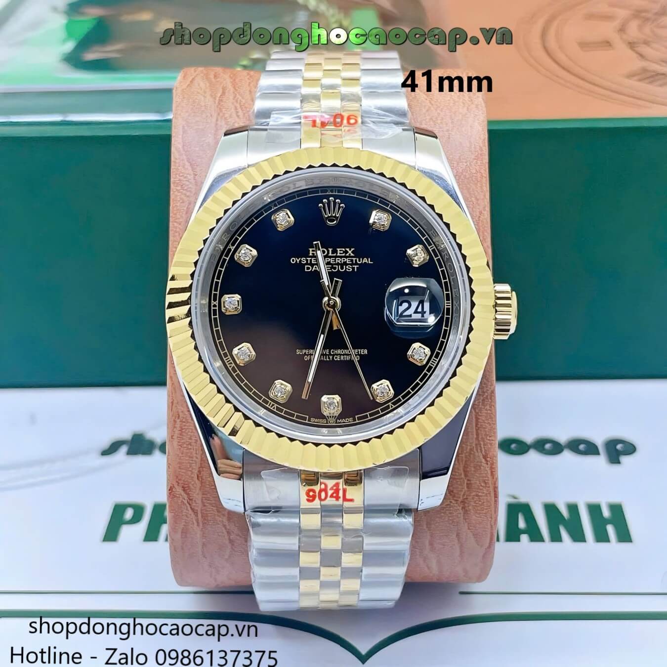 Đồng Hồ Rolex Datejust Nam Máy Pin Dây Kim Loại Demi Vàng Mặt Đen Size 41mm
