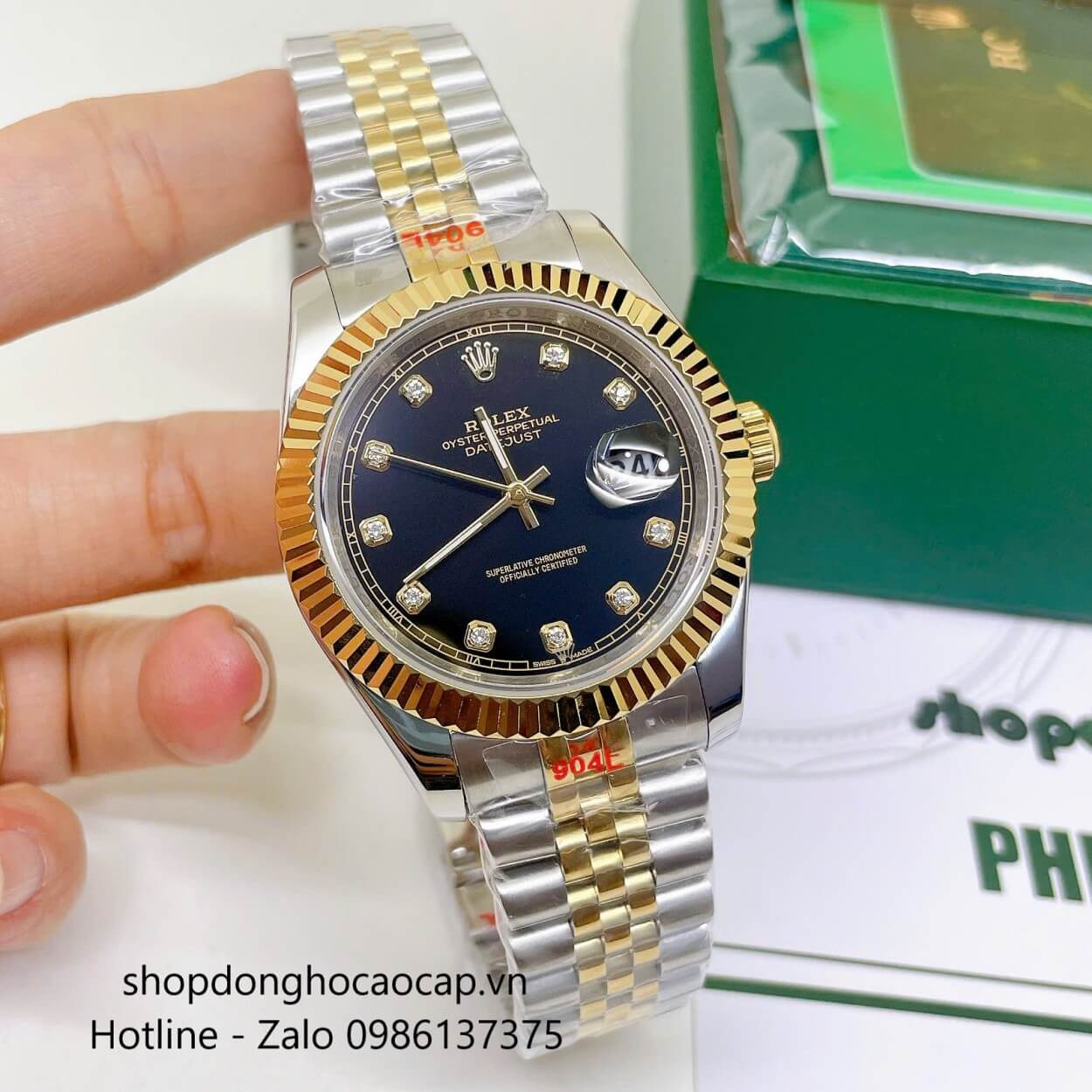 Đồng Hồ Rolex Datejust Nam Máy Pin Dây Kim Loại Demi Vàng Mặt Đen Size 41mm