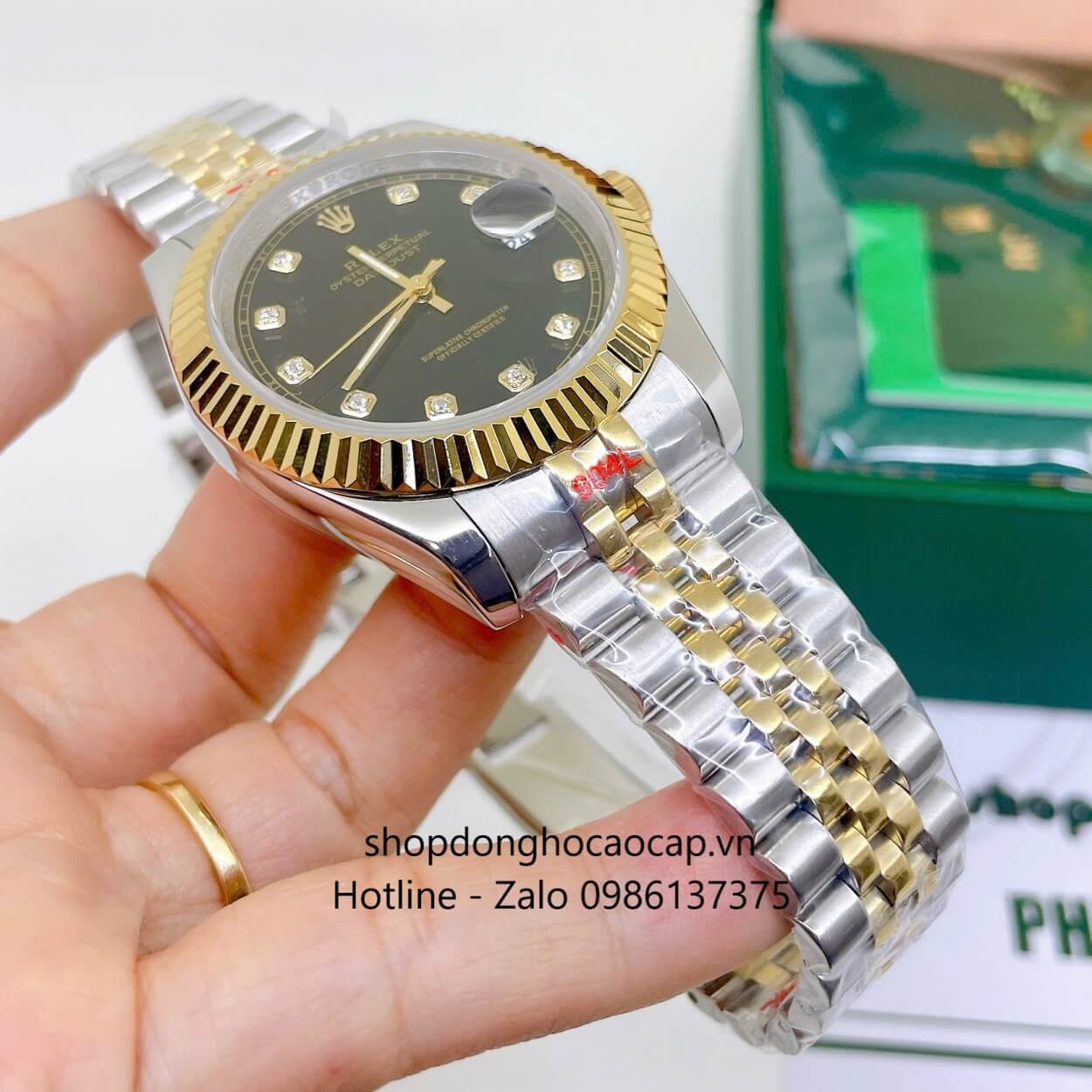 Đồng Hồ Rolex Datejust Nam Máy Pin Dây Kim Loại Demi Vàng Mặt Đen Size 41mm