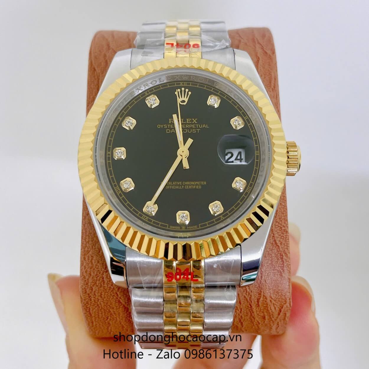 Đồng Hồ Cặp Rolex Datejust Máy Pin Dây Demi Vàng Mặt Đen Niềng Khía Size 41mm - 31mm