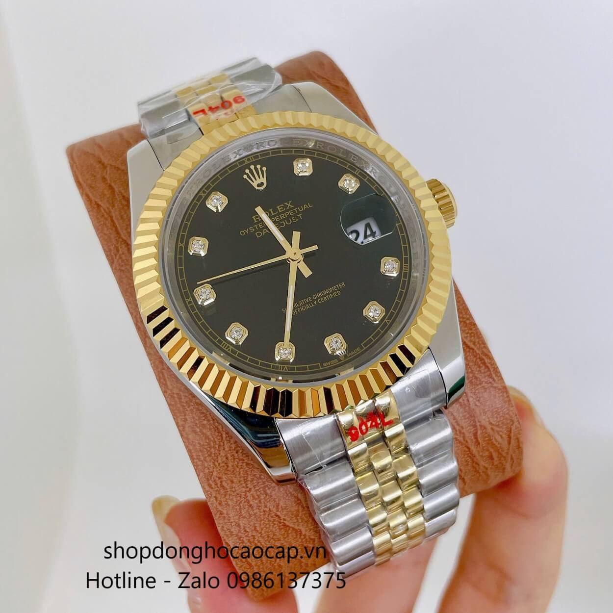 Đồng Hồ Rolex Datejust Nam Máy Pin Dây Kim Loại Demi Vàng Mặt Đen Size 41mm