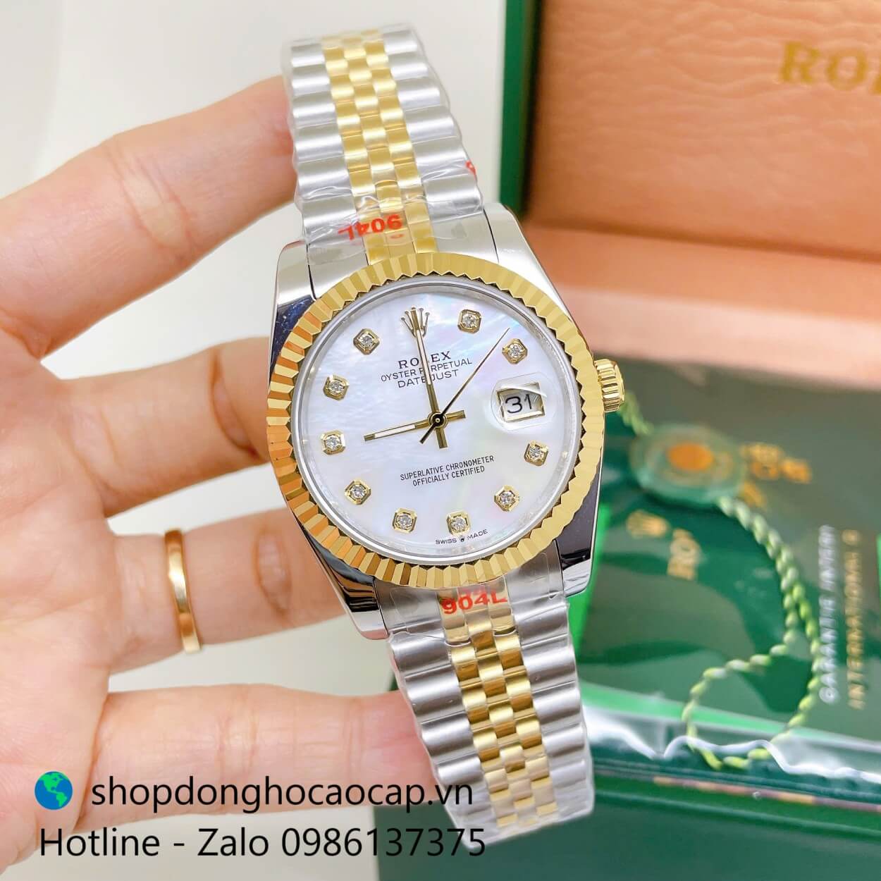 Đồng Hồ Cặp Rolex Datejust Máy Pin Dây Demi Vàng Mặt Xà Cừ Trắng Niềng Khía Size 36mm - 31mm