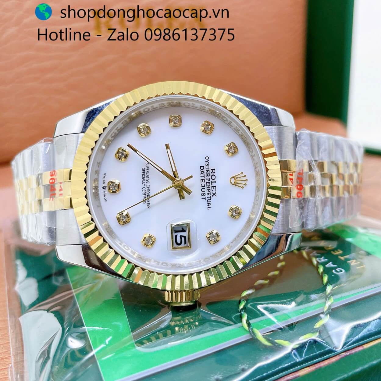 Đồng Hồ Rolex Datejust Nam Máy Pin Dây Kim Loại Demi Vàng Mặt Trắng Xà Cừ Size 41mm