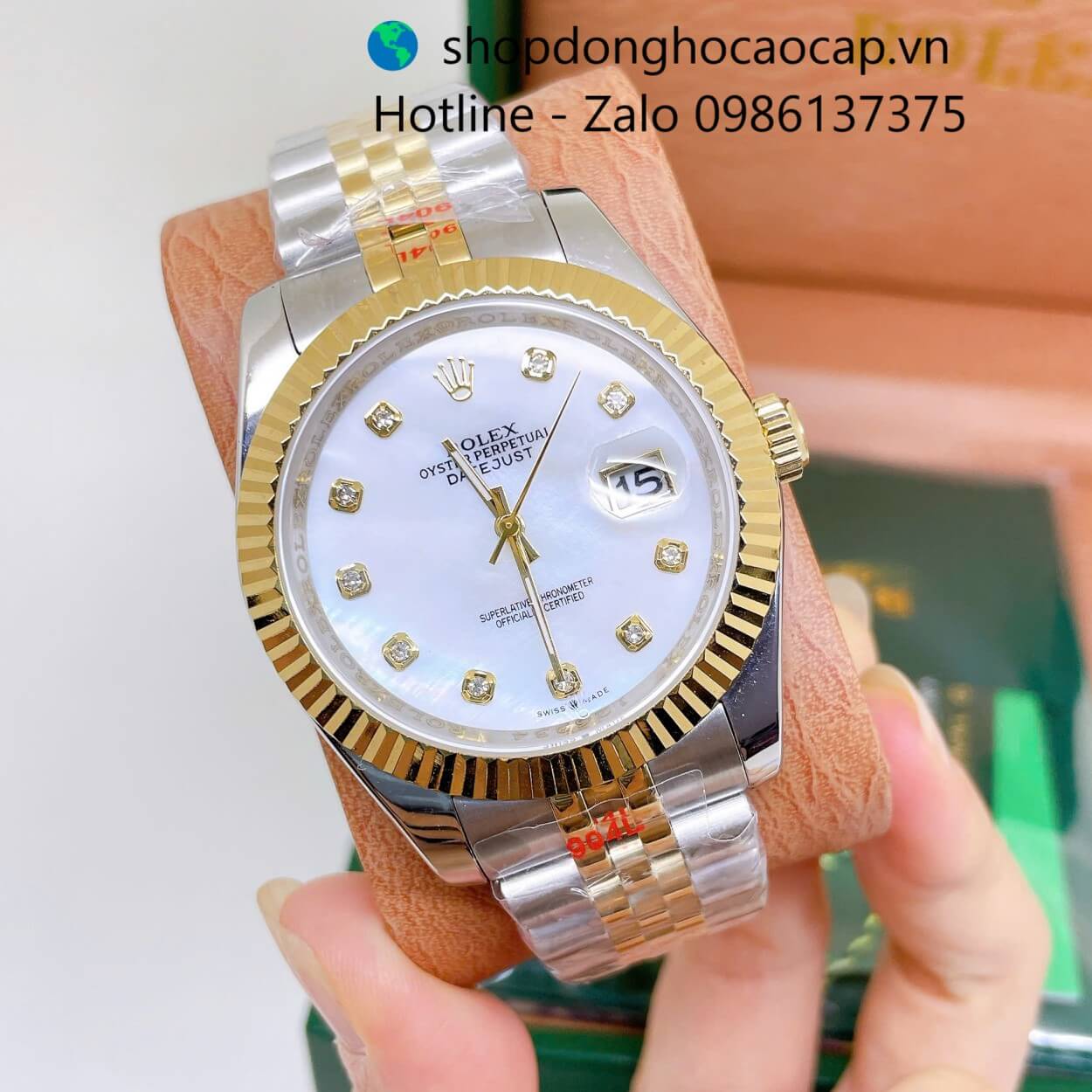 Đồng Hồ Rolex Datejust Nam Máy Pin Dây Kim Loại Demi Vàng Mặt Trắng Xà Cừ Size 41mm
