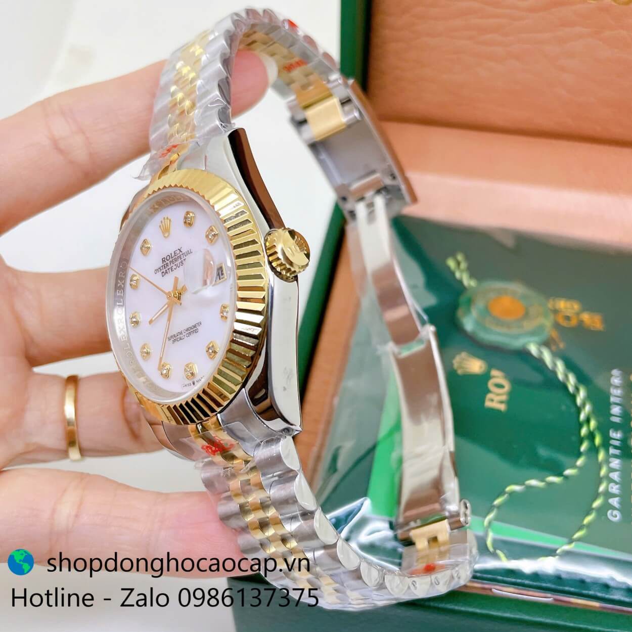 Đồng Hồ Rolex Datejust Nam Máy Pin Dây Kim Loại Demi Vàng Mặt Trắng Xà Cừ Size 41mm